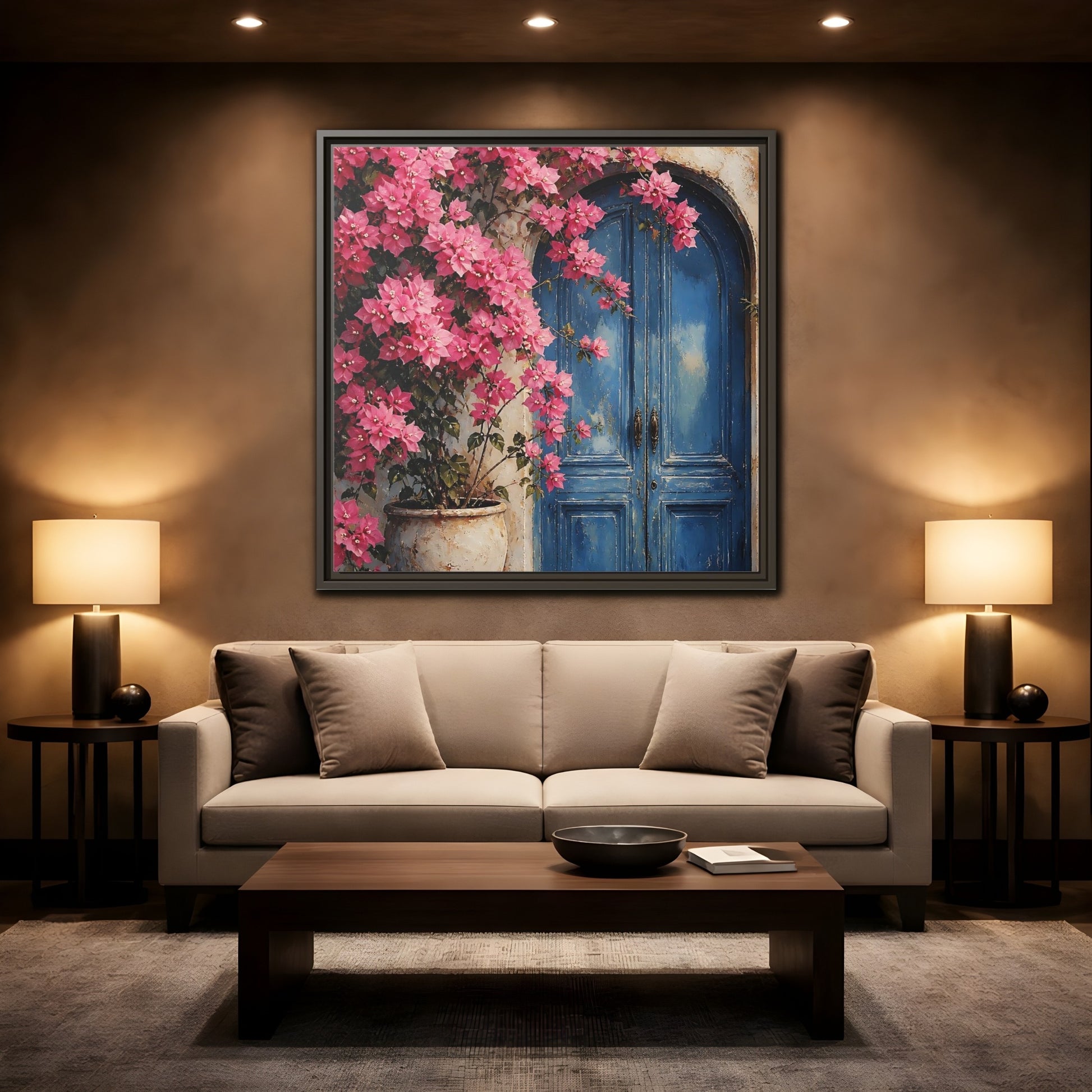 Mockup 2. Floral Pink Bougainvillea Pink And Blue Floral shown as stretched canvas wall art