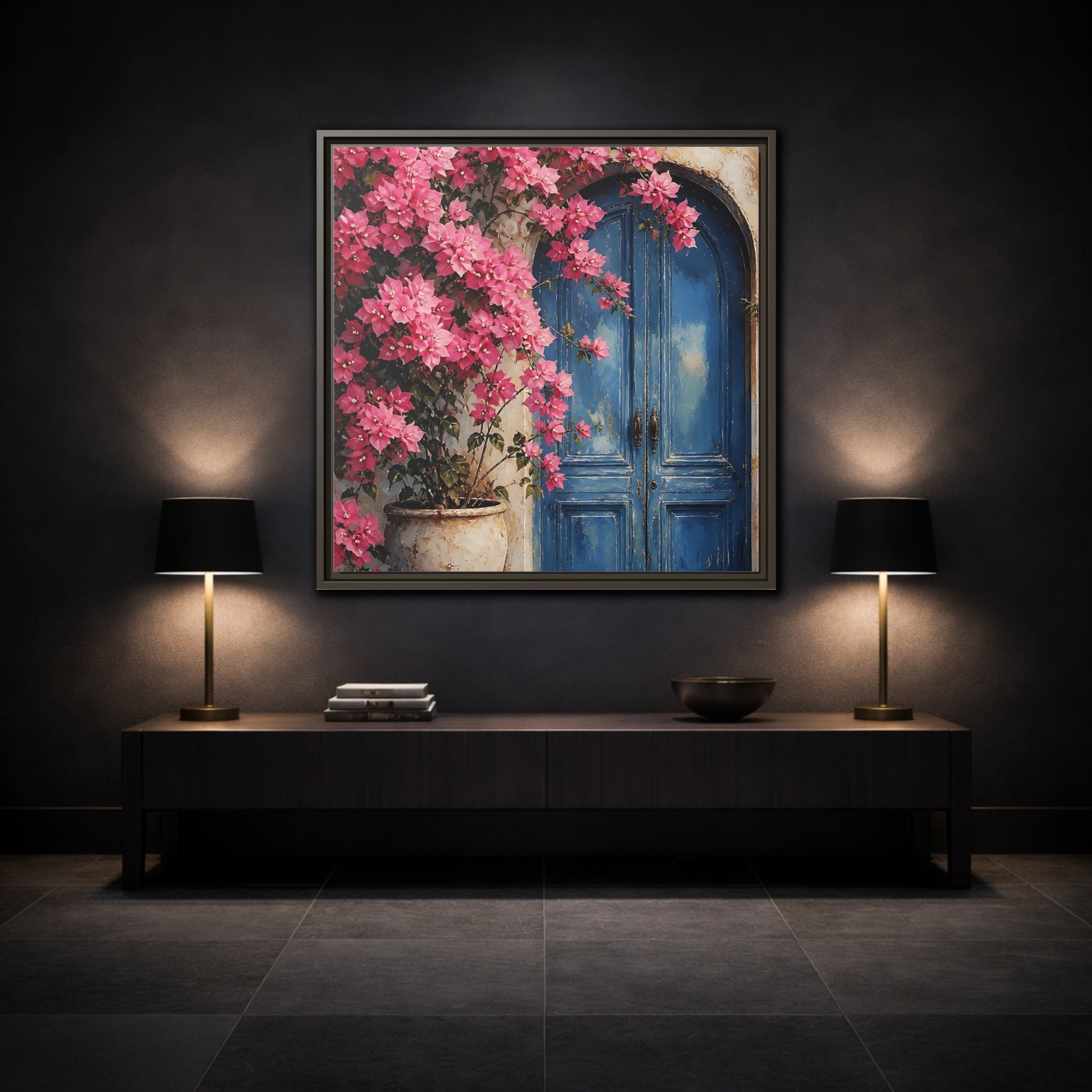 Mockup 3. Floral Pink Bougainvillea Pink And Blue Floral shown as stretched canvas wall art