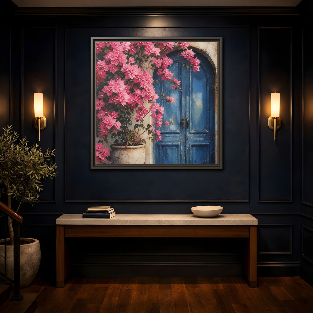 Mockup 4. Floral Pink Bougainvillea Pink And Blue Floral shown as stretched canvas wall art