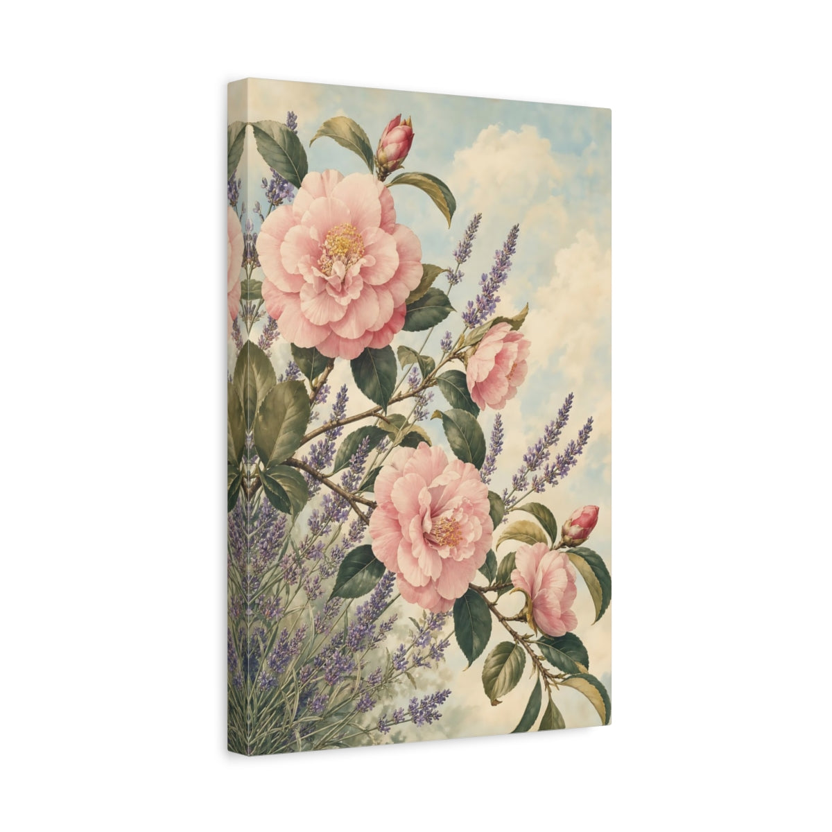 Side Mockup 4. Floral Pink Camellias Pink Lavender Floral shown as stretched canvas wall art
