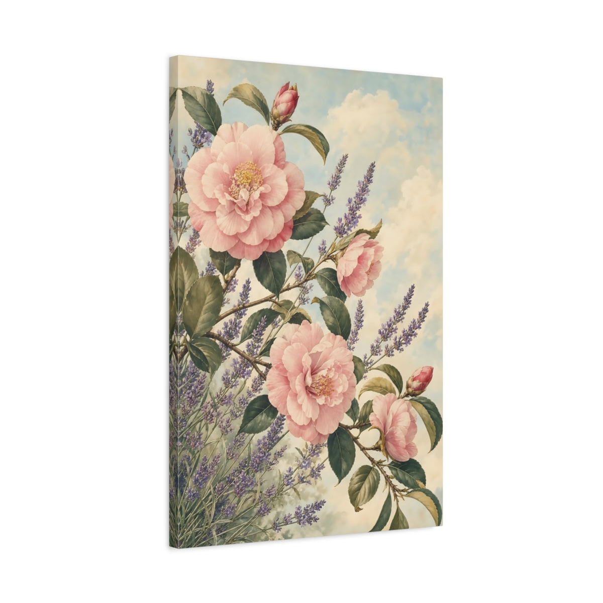 Side Mockup 2. Floral Pink Camellias Pink Lavender Floral shown as stretched canvas wall art