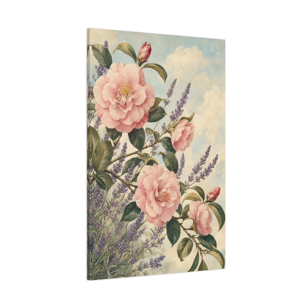 Side Mockup 1. Floral Pink Camellias Pink Lavender Floral shown as stretched canvas wall art