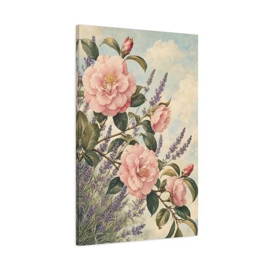 Main Mockup. Floral Pink Camellias Pink Lavender Floral shown as stretched canvas wall art