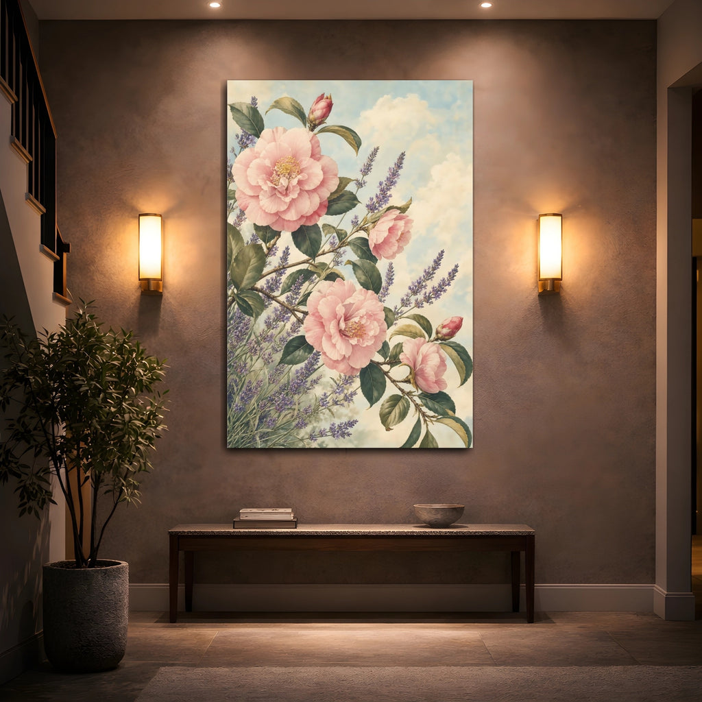 Mockup 2. Floral Pink Camellias Pink Lavender Floral shown as stretched canvas wall art
