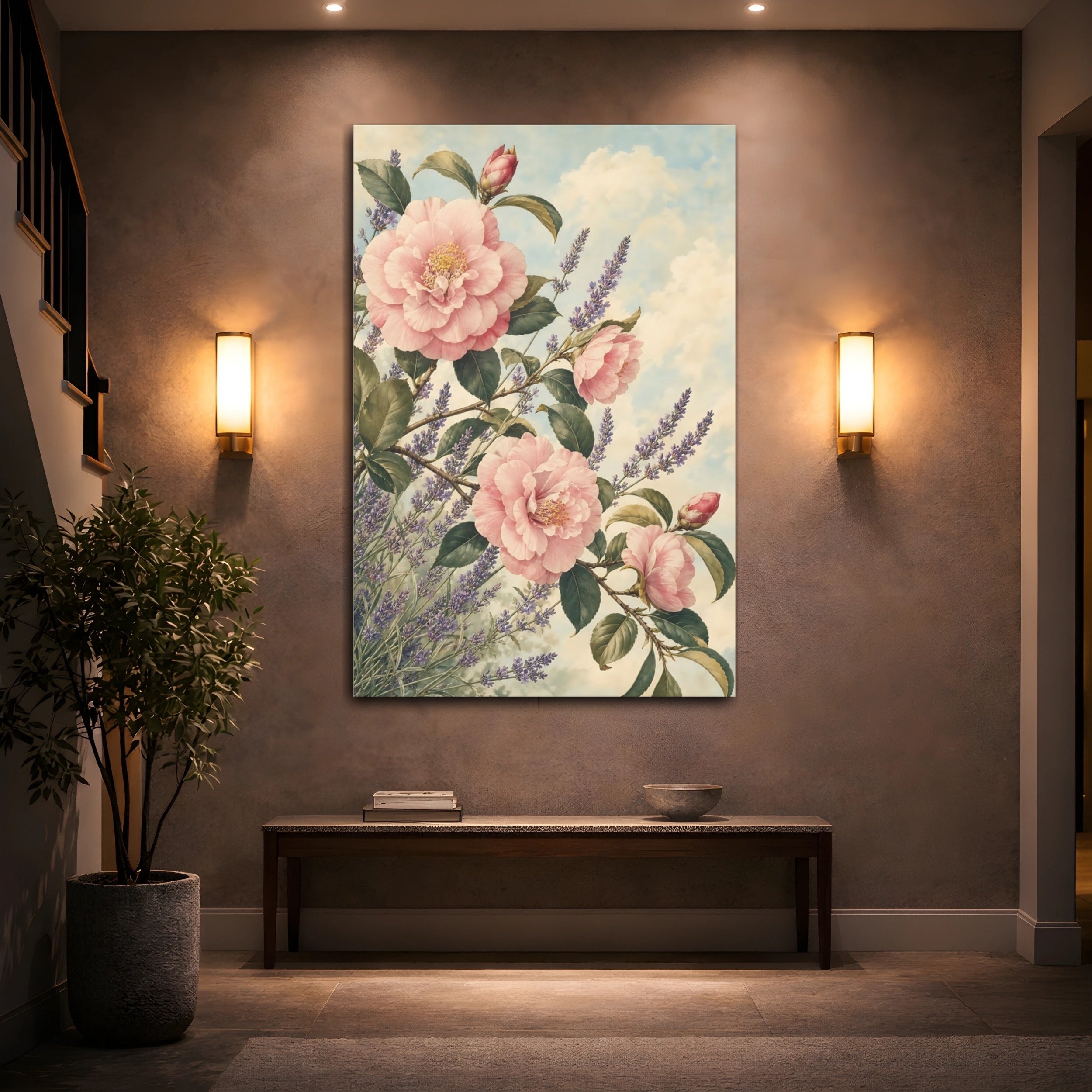 Mockup 2. Floral Pink Camellias Pink Lavender Floral shown as stretched canvas wall art