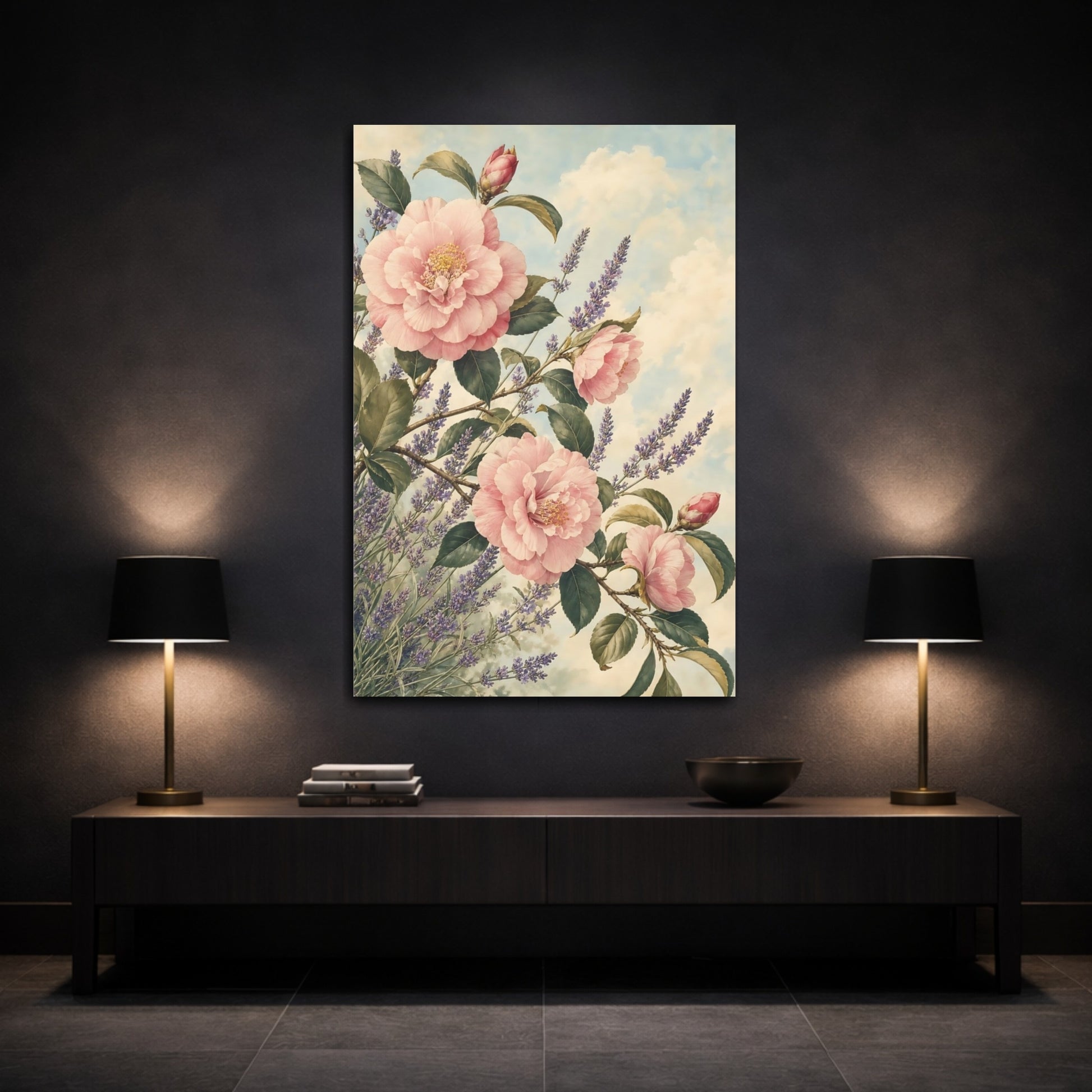 Mockup 3. Floral Pink Camellias Pink Lavender Floral shown as stretched canvas wall art
