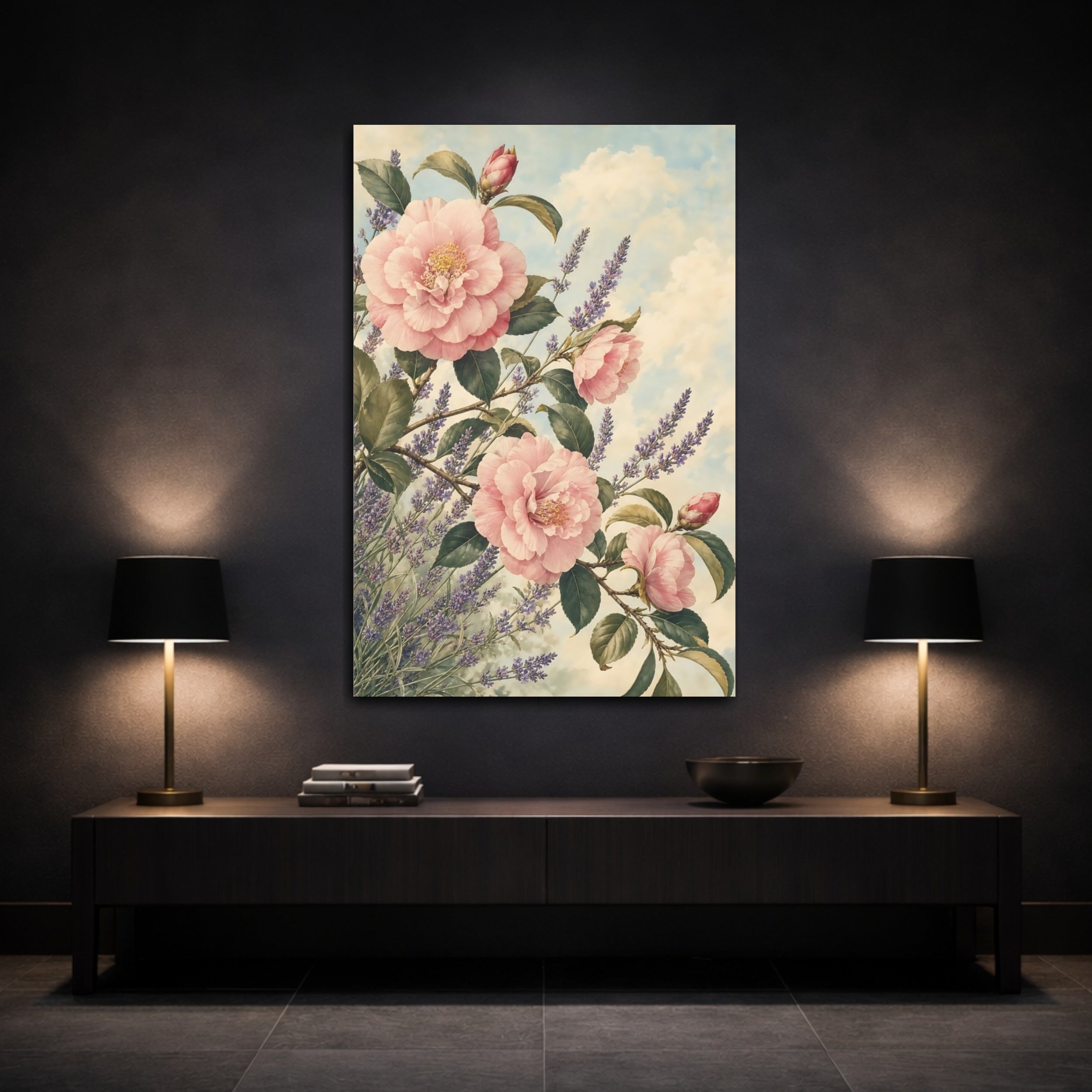 Mockup 3. Floral Pink Camellias Pink Lavender Floral shown as stretched canvas wall art