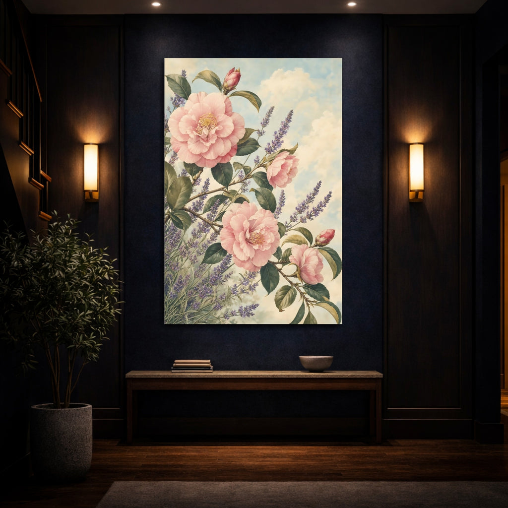Mockup 4. Floral Pink Camellias Pink Lavender Floral shown as stretched canvas wall art