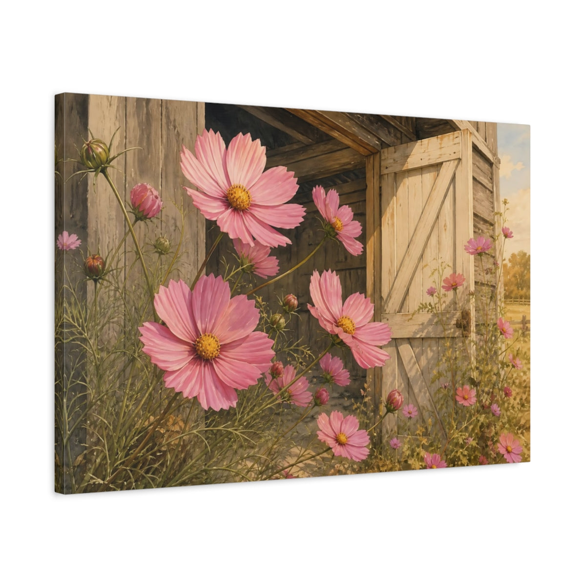 Side Mockup 2. Floral Pink Cosmos Pink Floral Barn shown as stretched canvas wall art