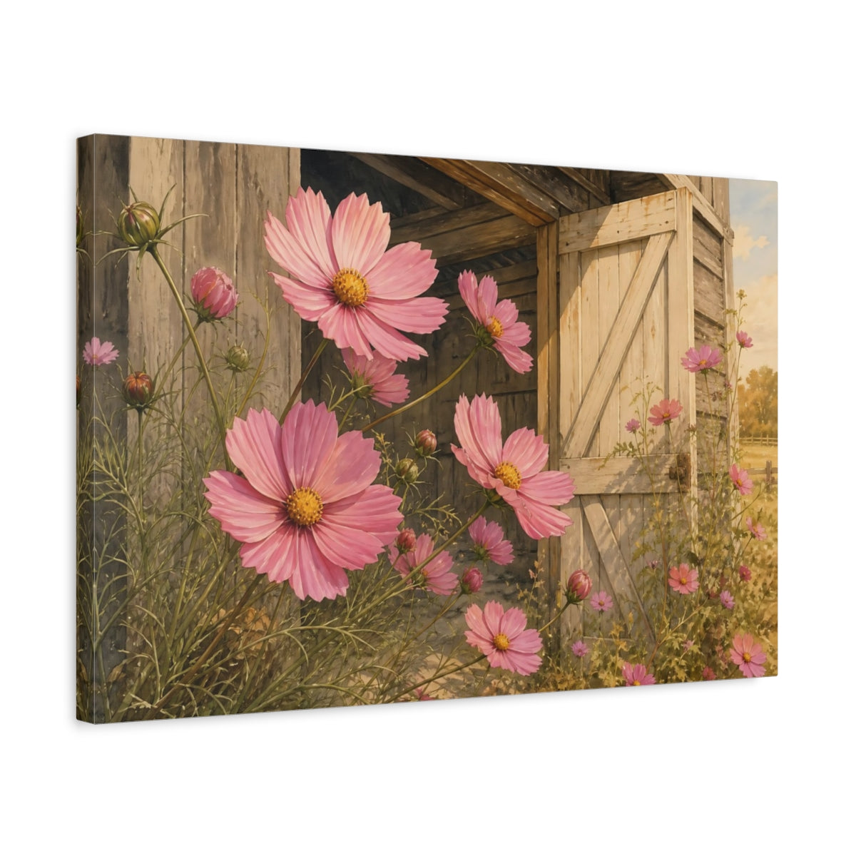 Side Mockup 3. Floral Pink Cosmos Pink Floral Barn shown as stretched canvas wall art