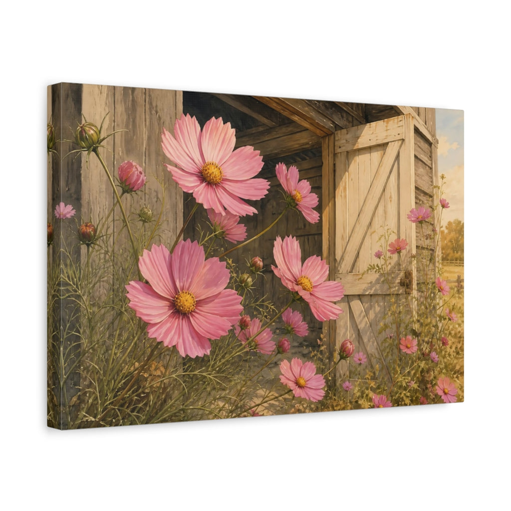 Side Mockup 4. Floral Pink Cosmos Pink Floral Barn shown as stretched canvas wall art