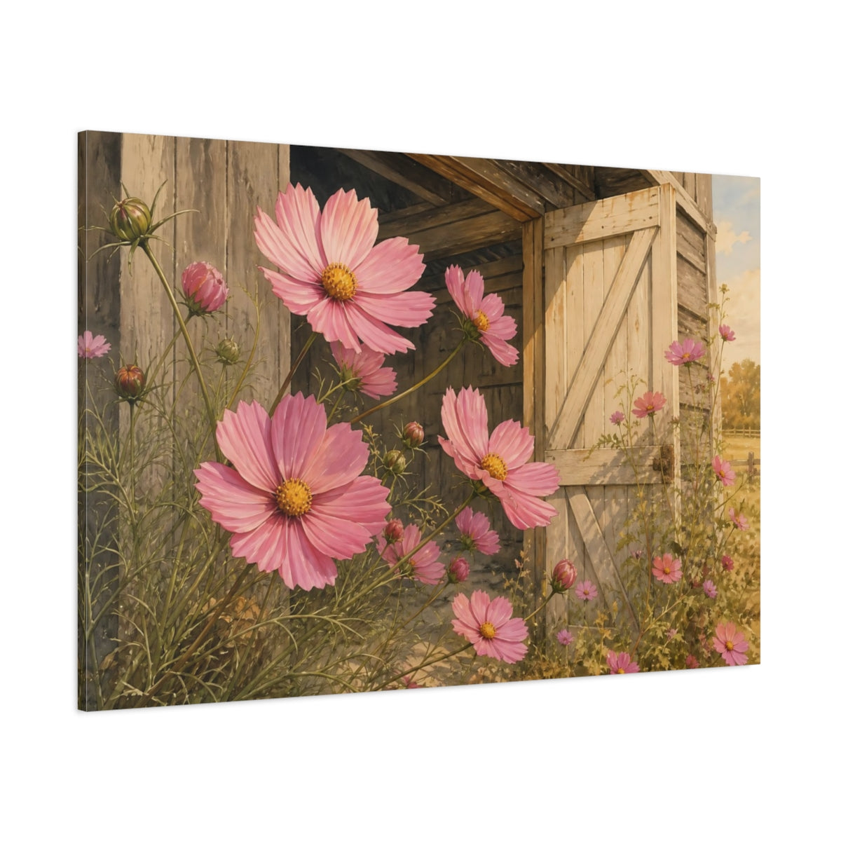 Side Mockup 1. Floral Pink Cosmos Pink Floral Barn shown as stretched canvas wall art