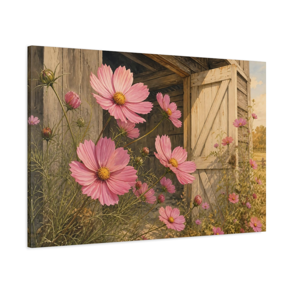 Main Mockup. Floral Pink Cosmos Pink Floral Barn shown as stretched canvas wall art