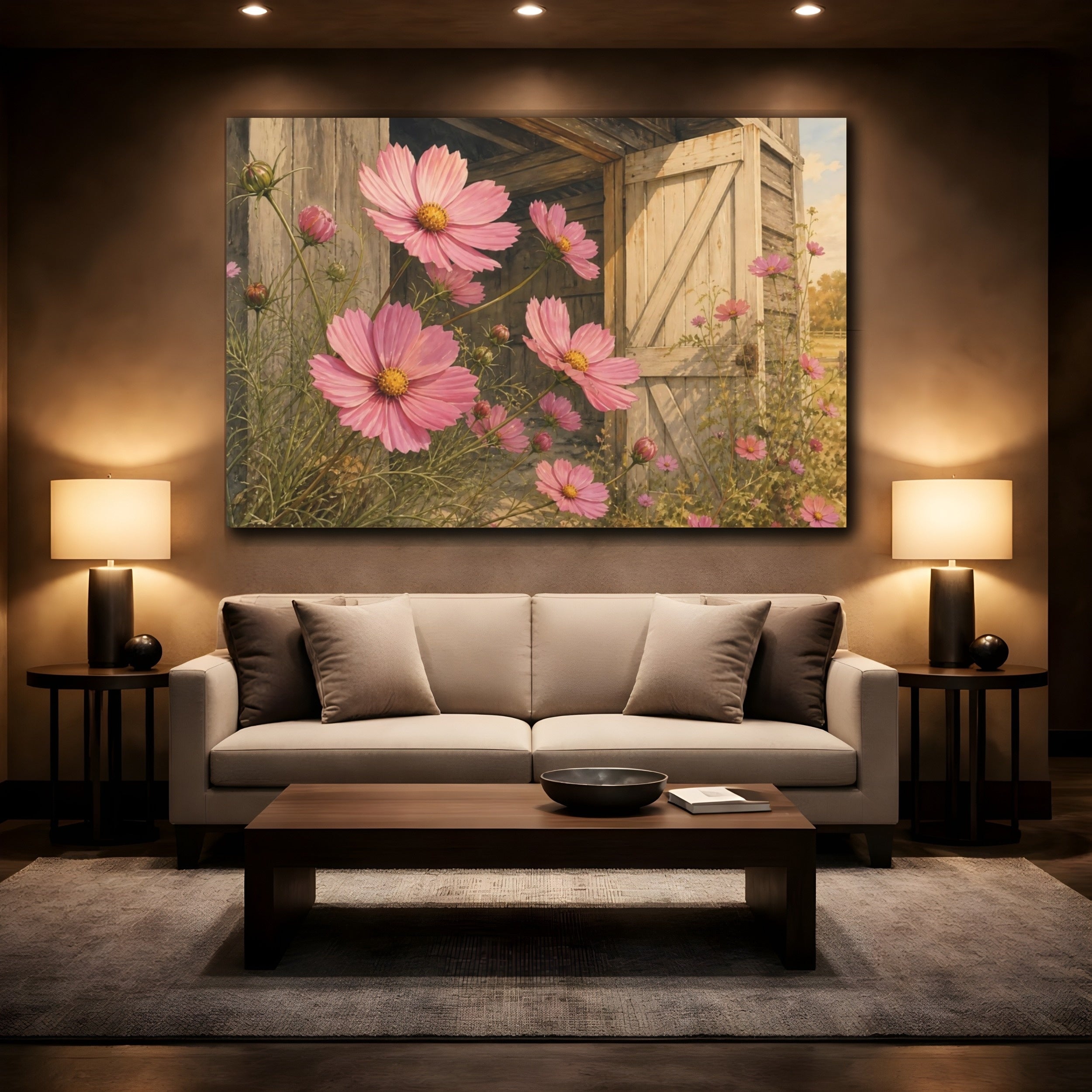 Mockup 2. Floral Pink Cosmos Pink Floral Barn shown as stretched canvas wall art