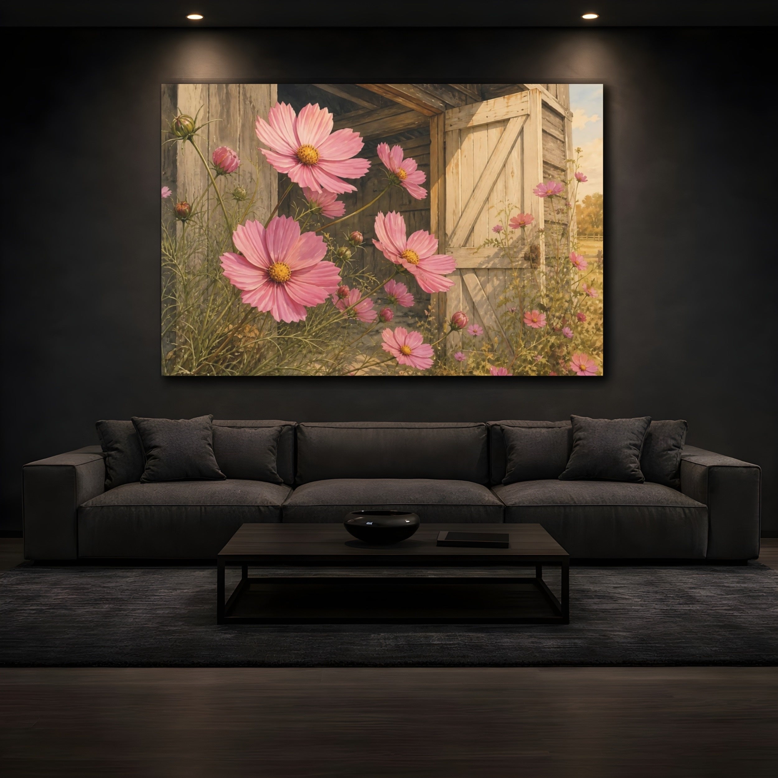 Mockup 3. Floral Pink Cosmos Pink Floral Barn shown as stretched canvas wall art