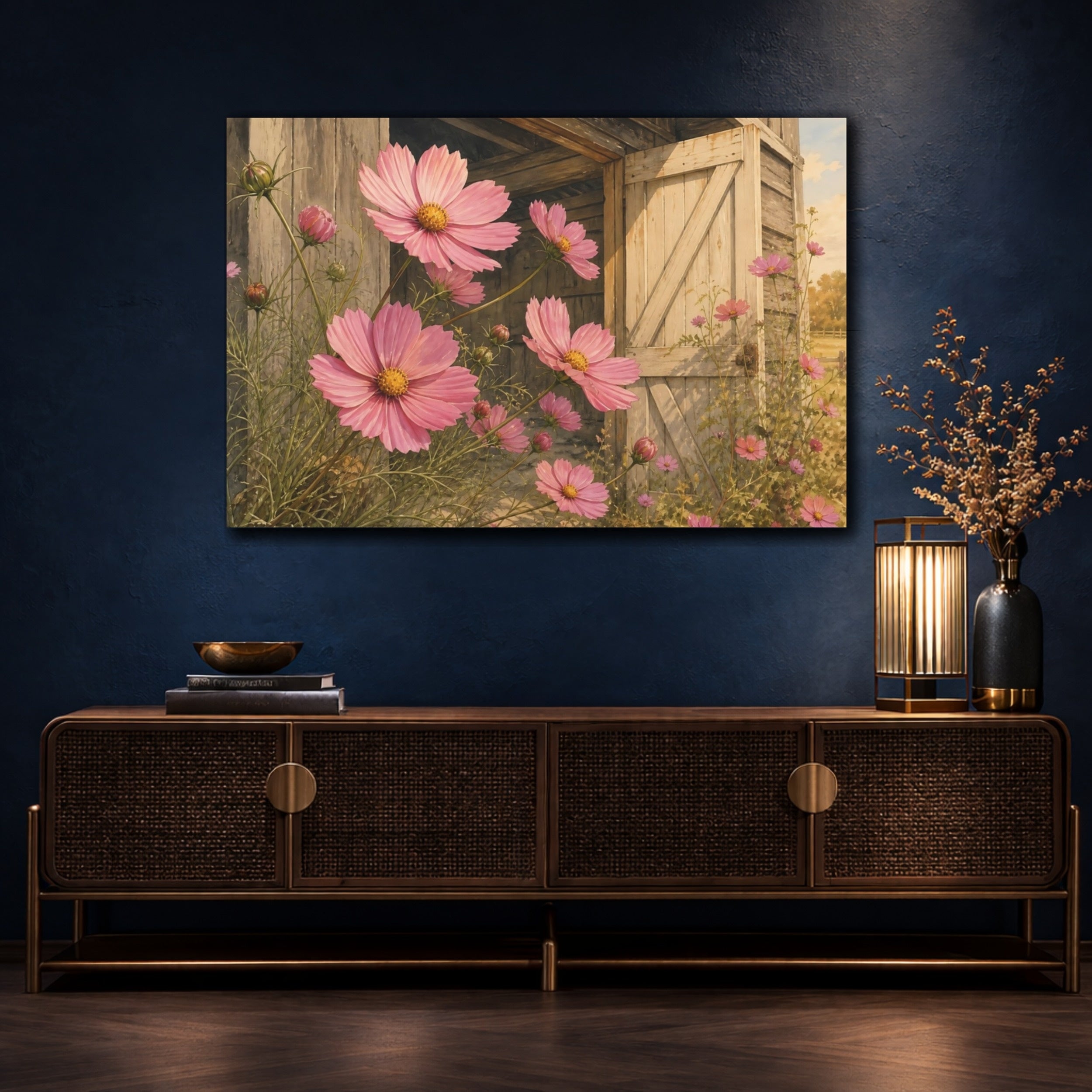 Mockup 4. Floral Pink Cosmos Pink Floral Barn shown as stretched canvas wall art
