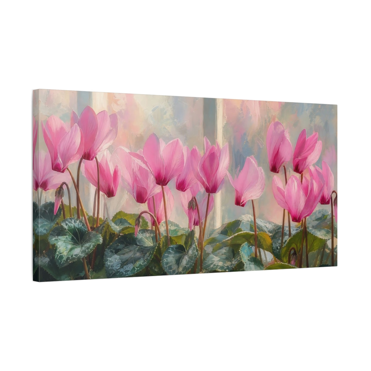 Side Mockup 1. Floral Pink Cyclamen Pink Cyclamen shown as stretched canvas wall art