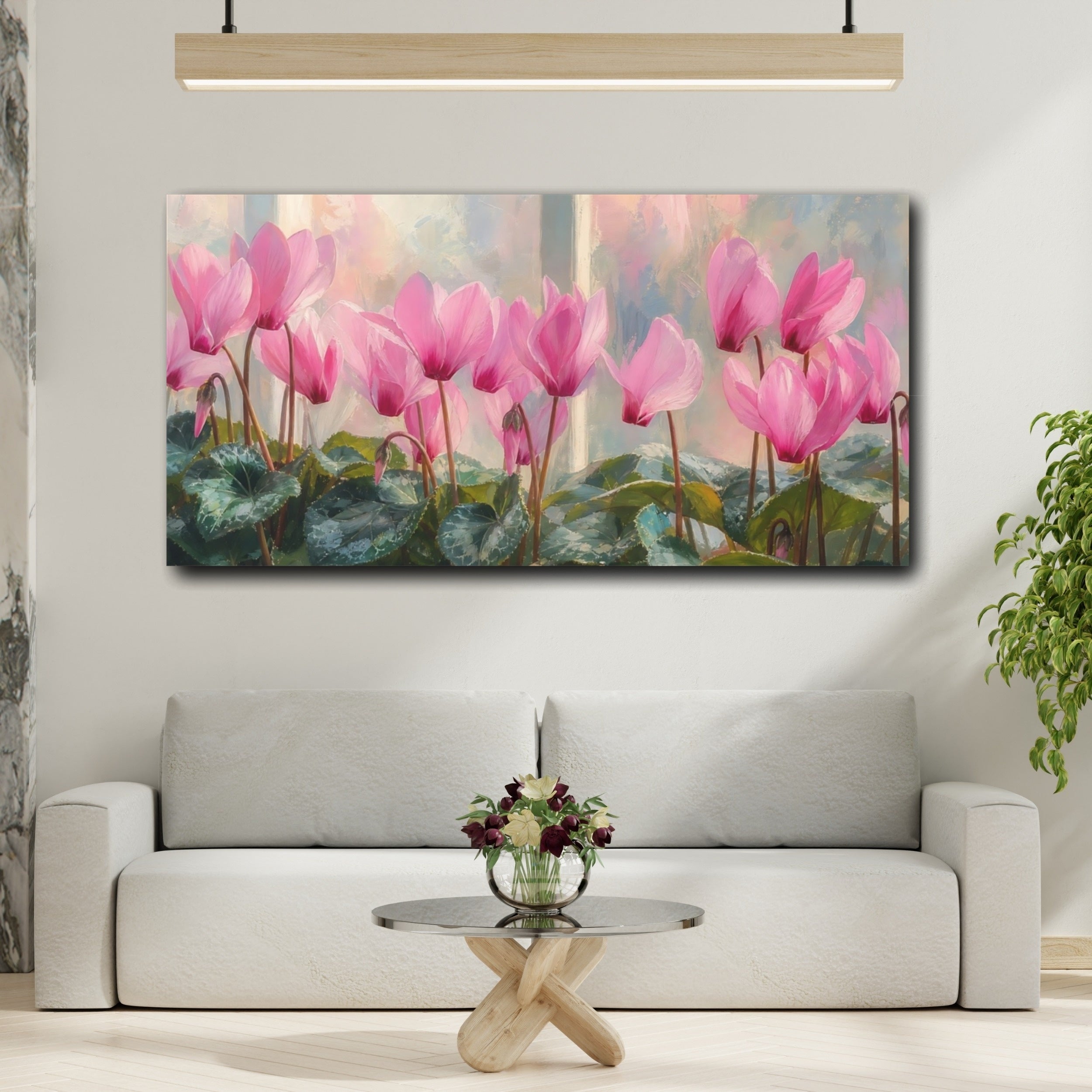 Mockup 2. Floral Pink Cyclamen Pink Cyclamen shown as stretched canvas wall art