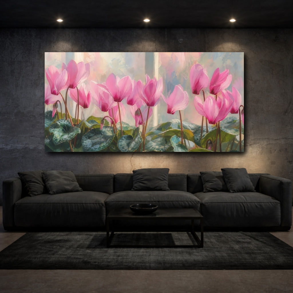 Mockup 3. Floral Pink Cyclamen Pink Cyclamen shown as stretched canvas wall art