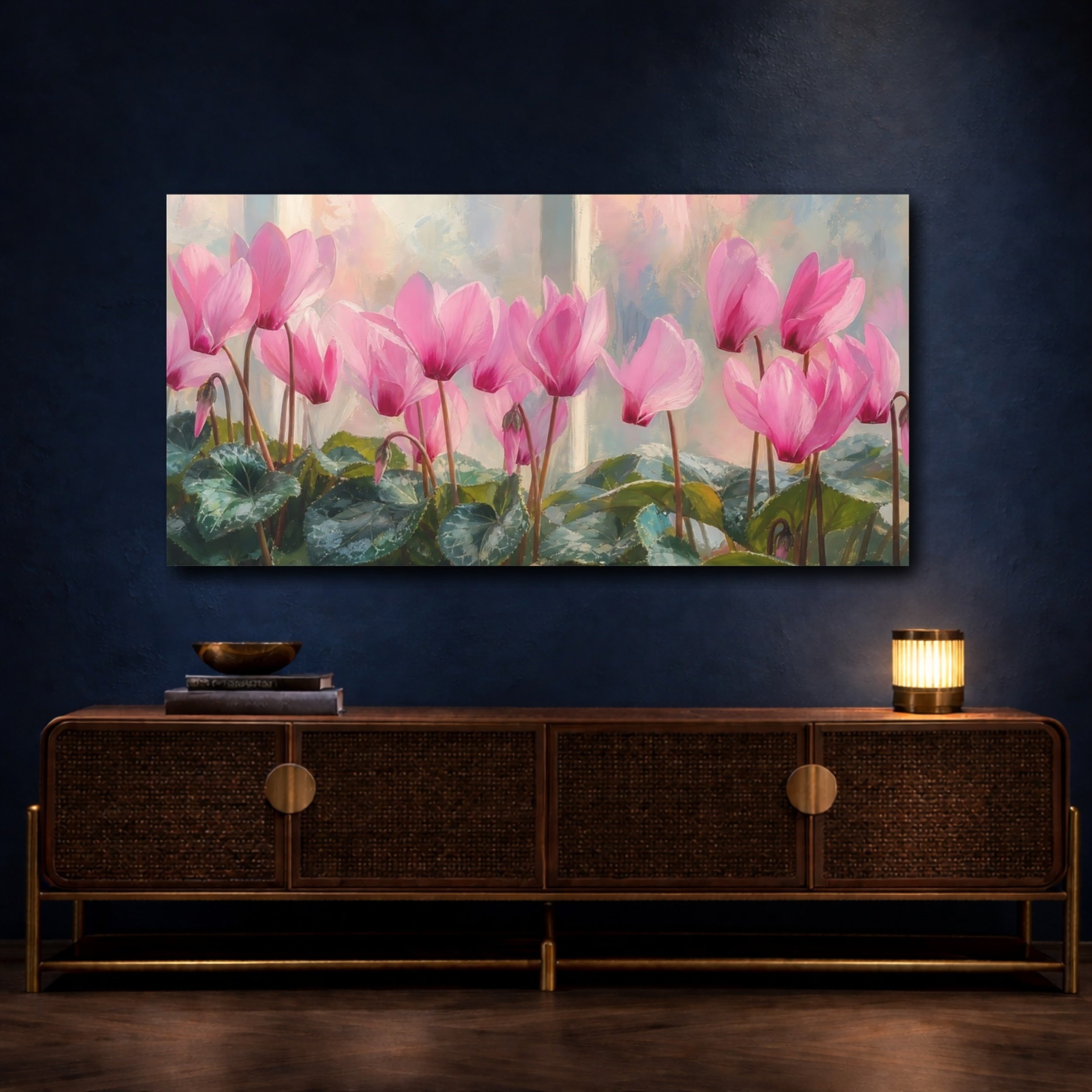 Mockup 4. Floral Pink Cyclamen Pink Cyclamen shown as stretched canvas wall art