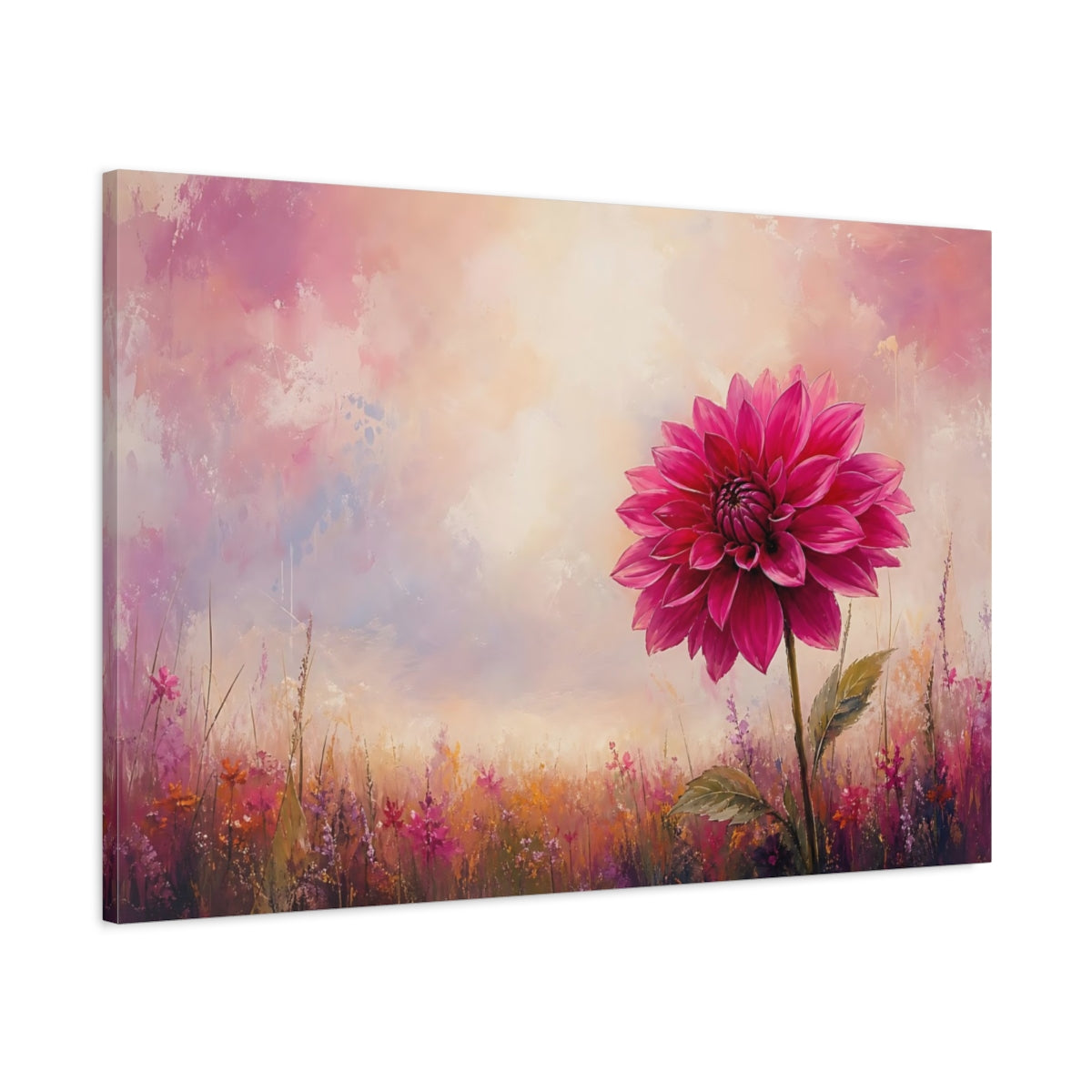 Main Mockup. Floral Pink Dahlia Pink Floral Field shown as stretched canvas wall art