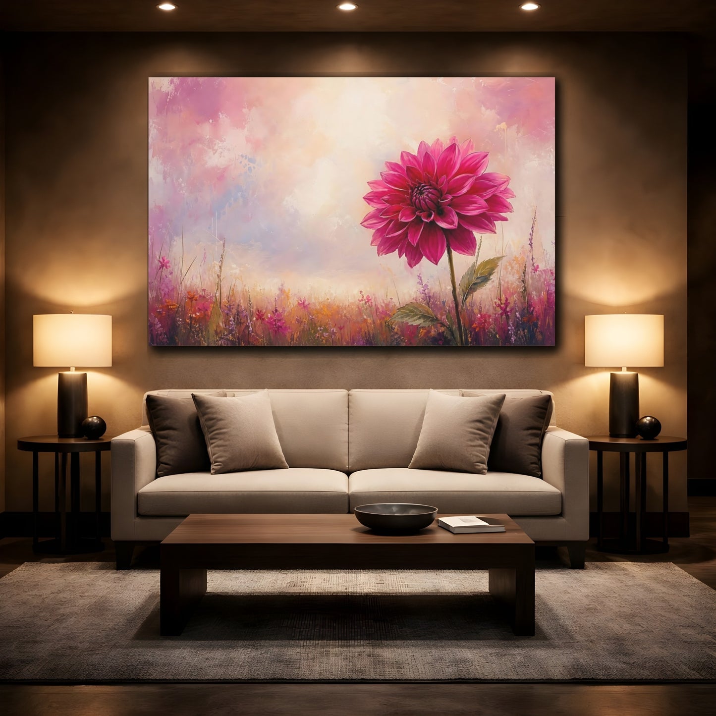 Mockup 2. Floral Pink Dahlia Pink Floral Field shown as stretched canvas wall art