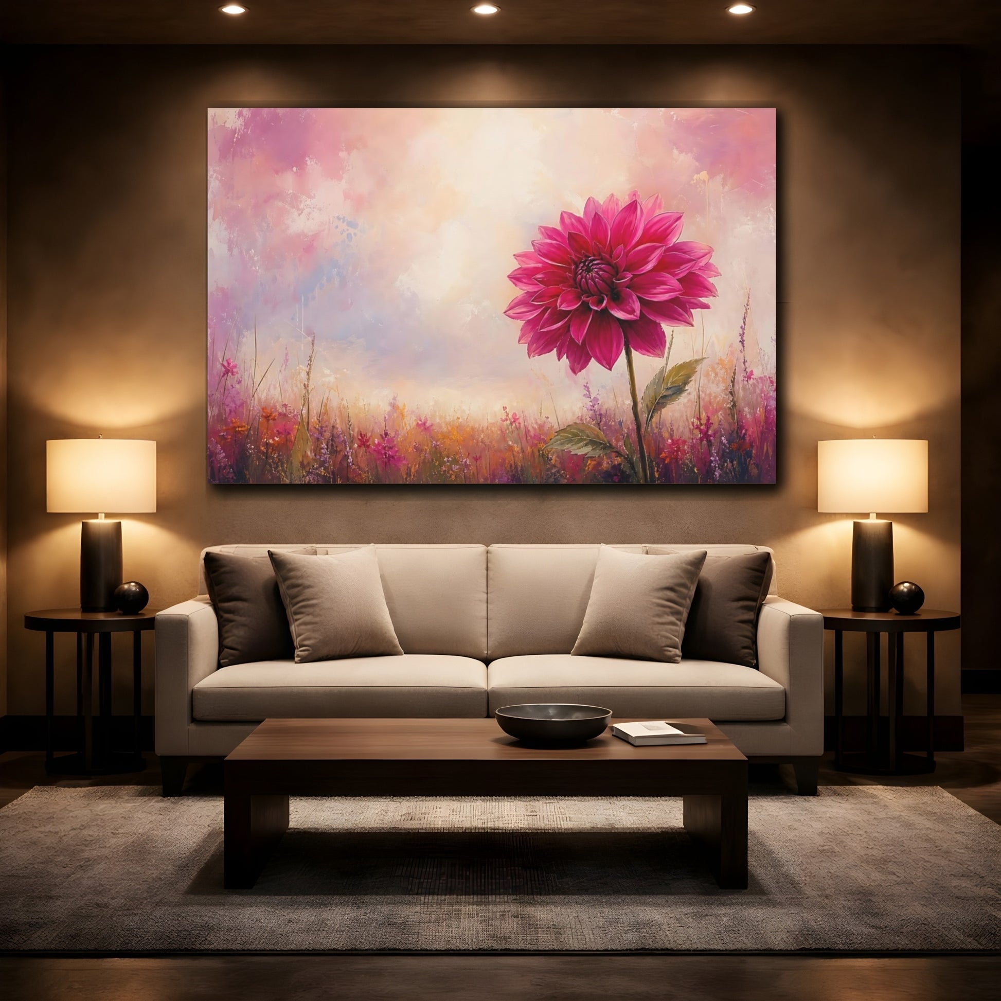 Mockup 2. Floral Pink Dahlia Pink Floral Field shown as stretched canvas wall art