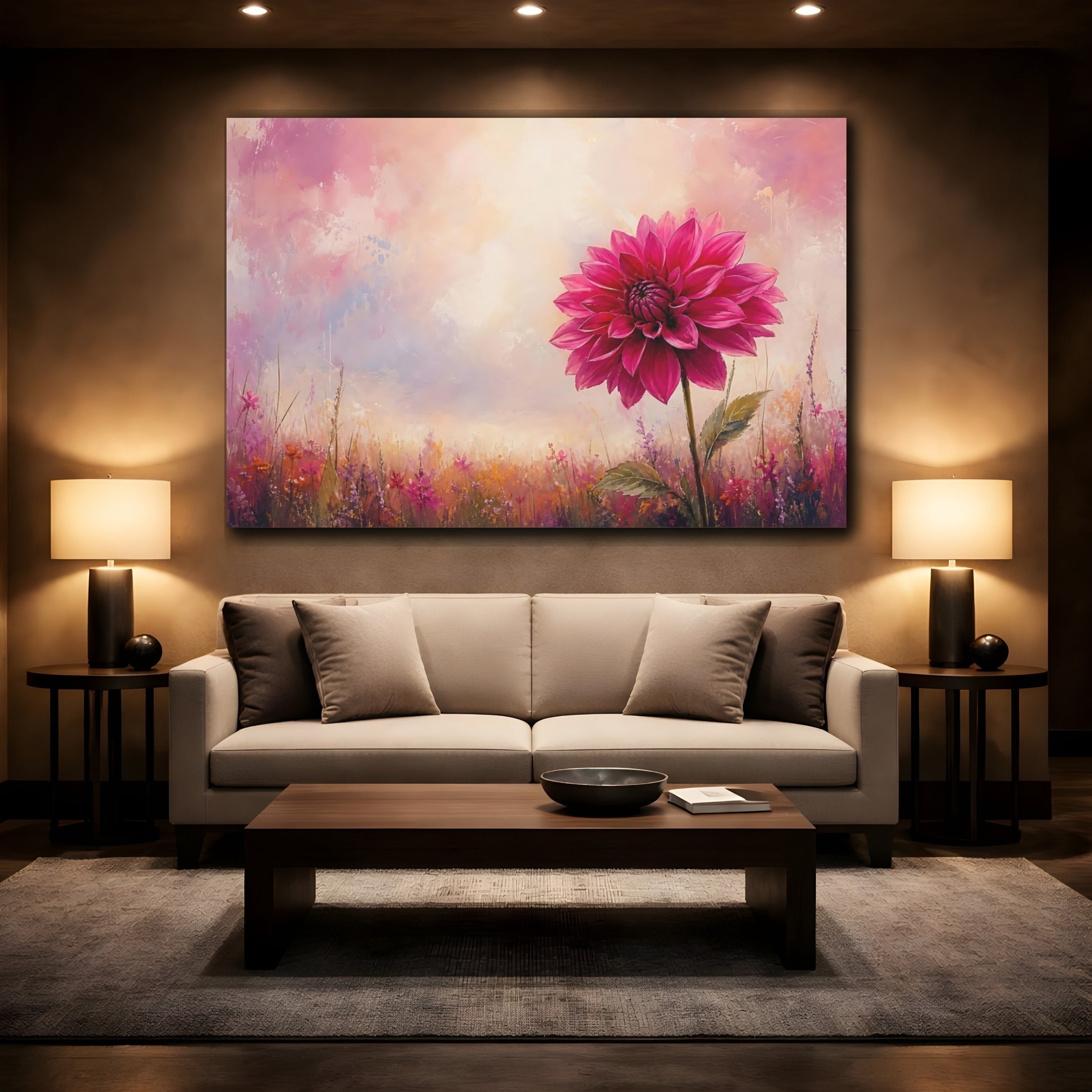 Mockup 2. Floral Pink Dahlia Pink Floral Field shown as stretched canvas wall art