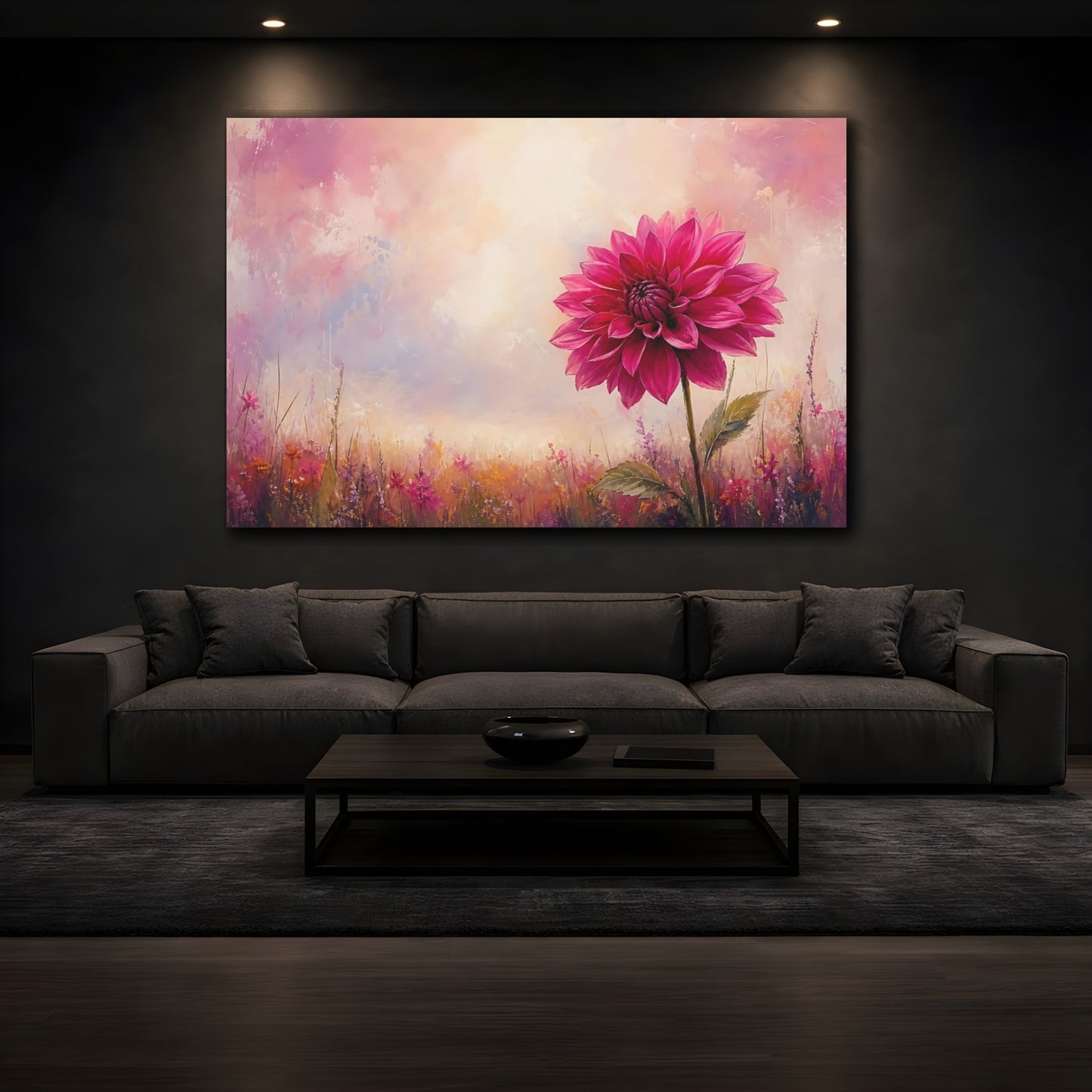 Mockup 3. Floral Pink Dahlia Pink Floral Field shown as stretched canvas wall art