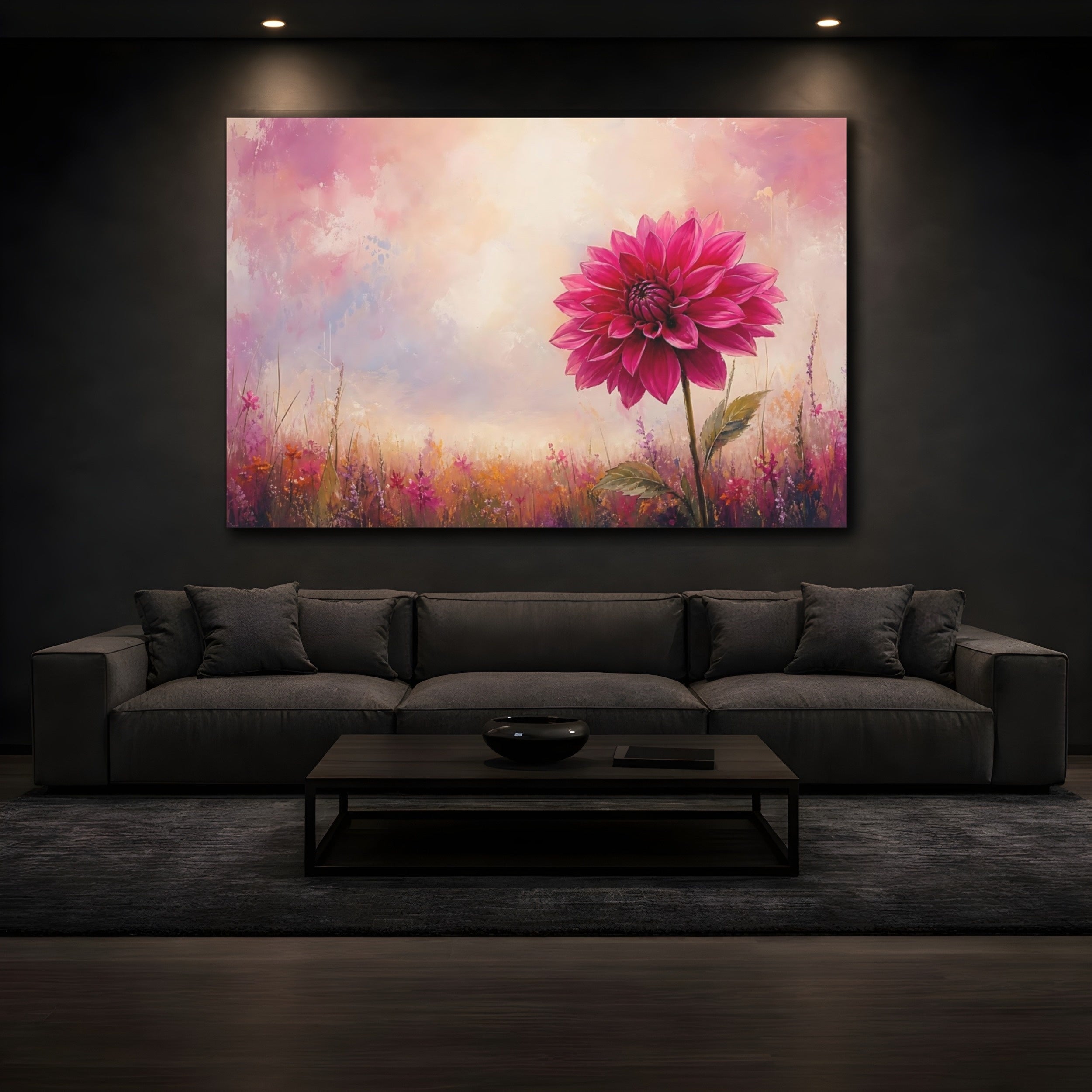 Mockup 3. Floral Pink Dahlia Pink Floral Field shown as stretched canvas wall art