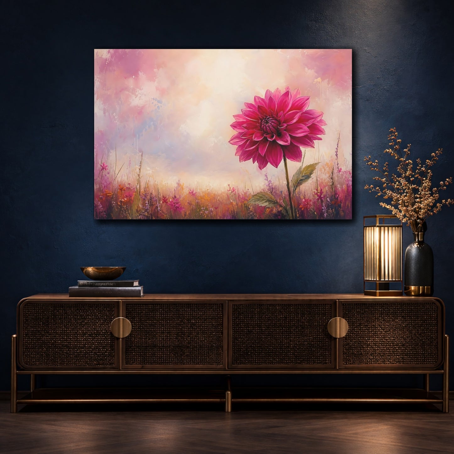 Mockup 4. Floral Pink Dahlia Pink Floral Field shown as stretched canvas wall art