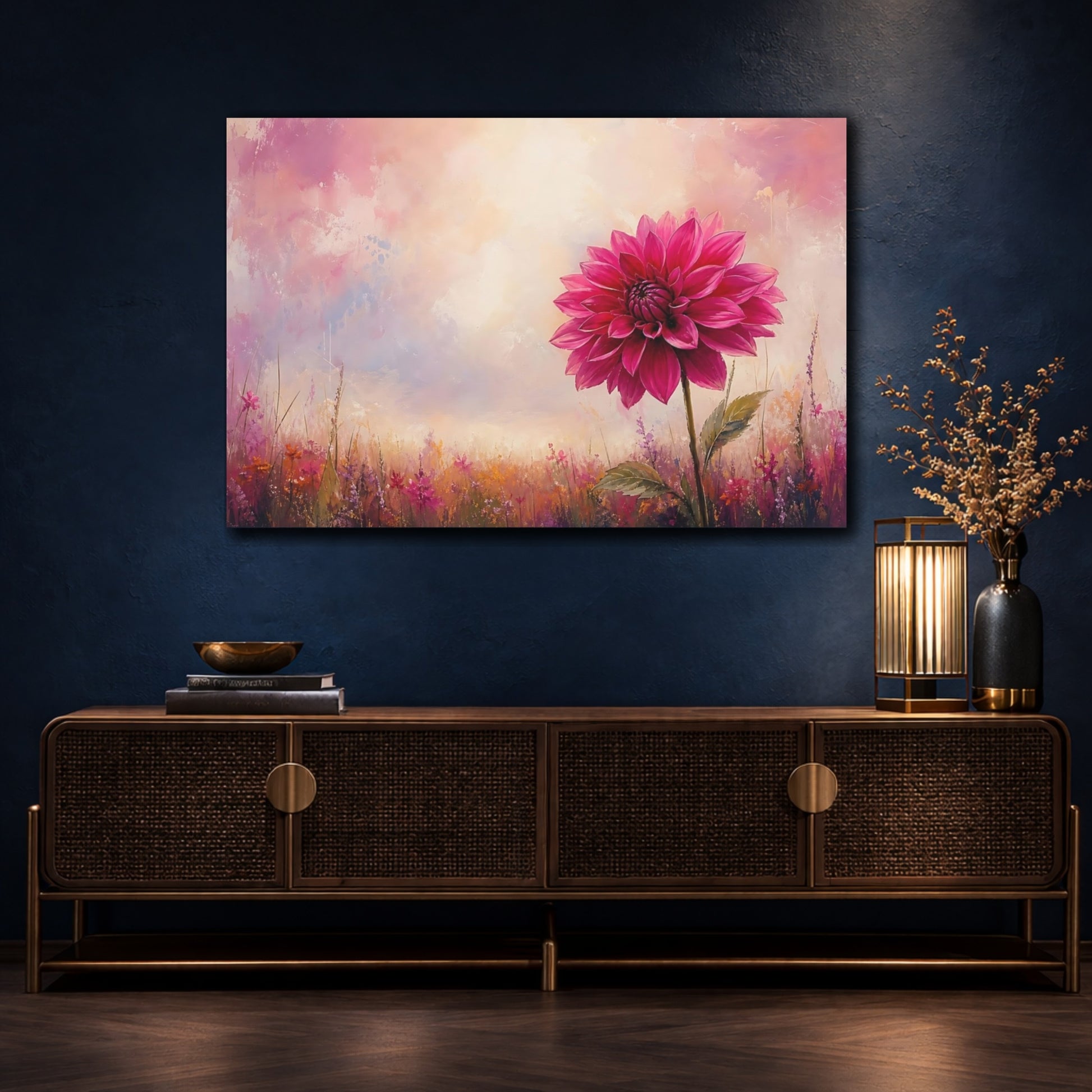 Mockup 4. Floral Pink Dahlia Pink Floral Field shown as stretched canvas wall art