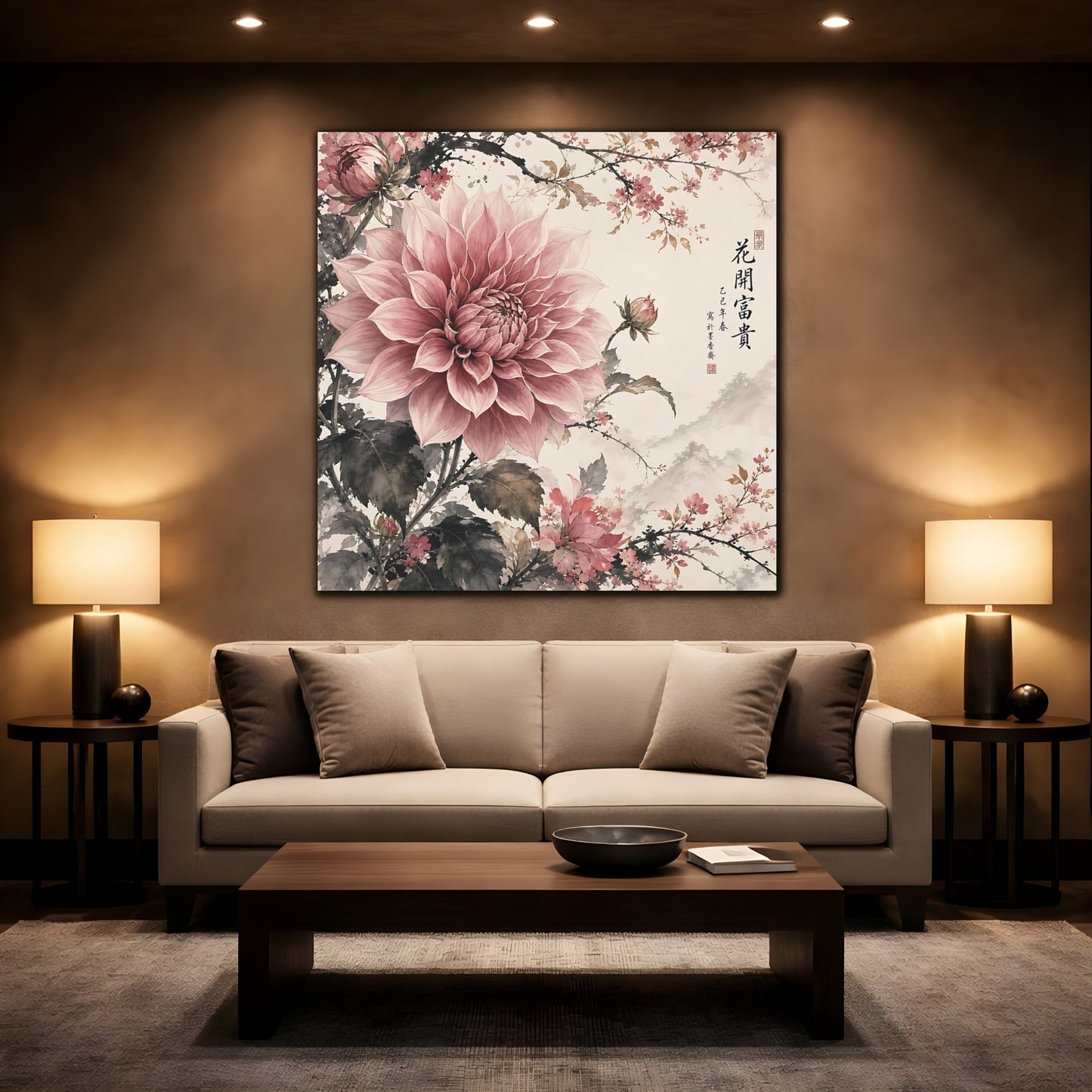 Mockup 2. Floral Pink Dahlia Pink Floral shown as stretched canvas wall art