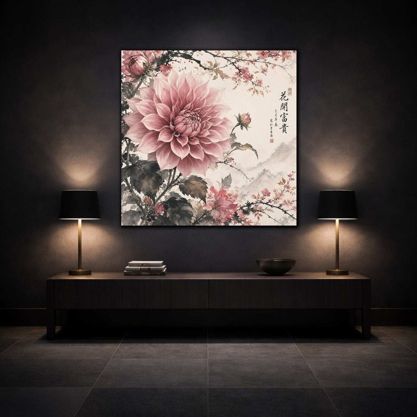 Mockup 3. Floral Pink Dahlia Pink Floral shown as stretched canvas wall art