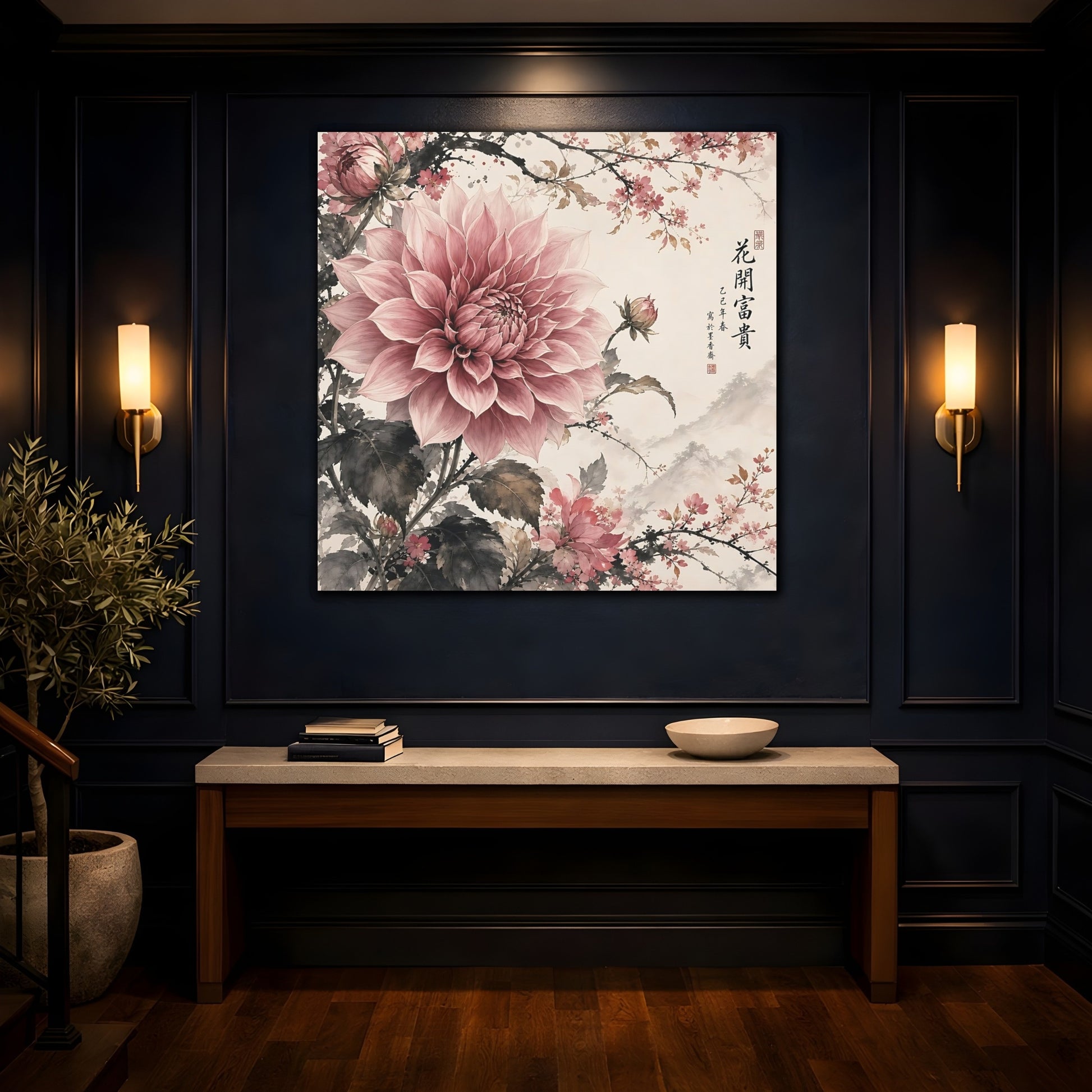 Mockup 4. Floral Pink Dahlia Pink Floral shown as stretched canvas wall art