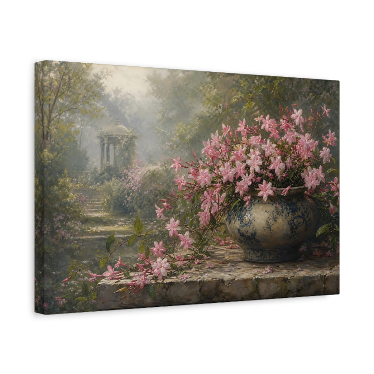 Side Mockup 4. Floral Pink Flowers Pink And Green Floral shown as stretched canvas wall art