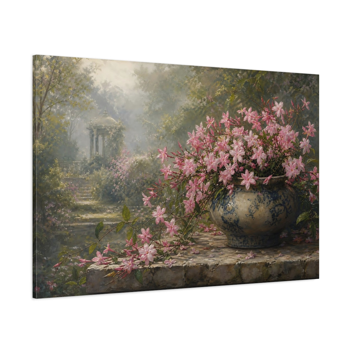 Side Mockup 1. Floral Pink Flowers Pink And Green Floral shown as stretched canvas wall art