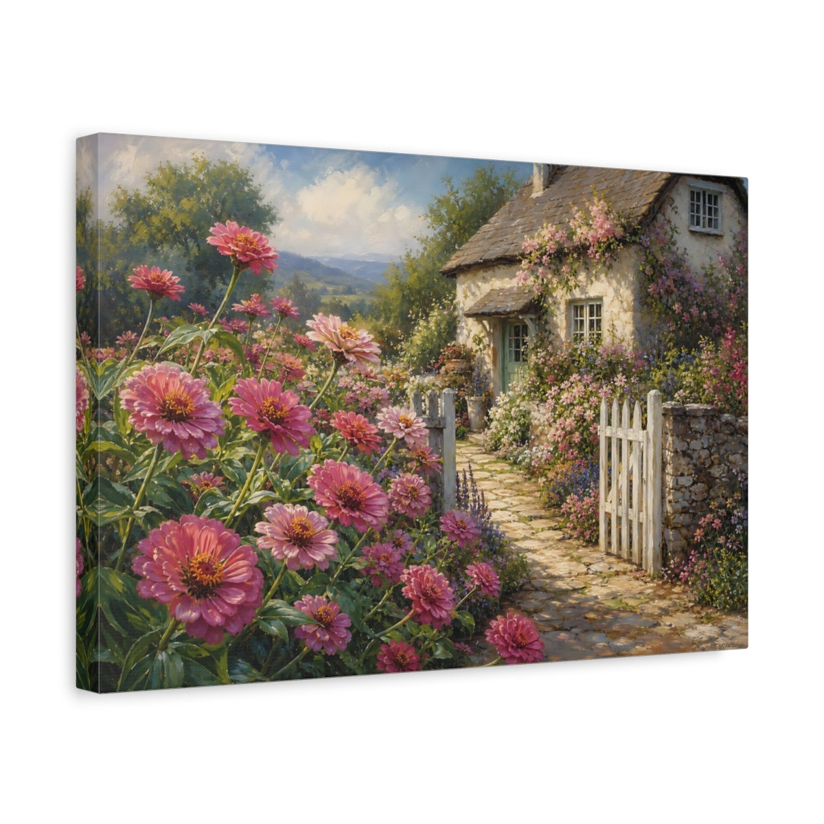 Side Mockup 4. Floral Pink Flowers Pink Cottage Garden shown as stretched canvas wall art