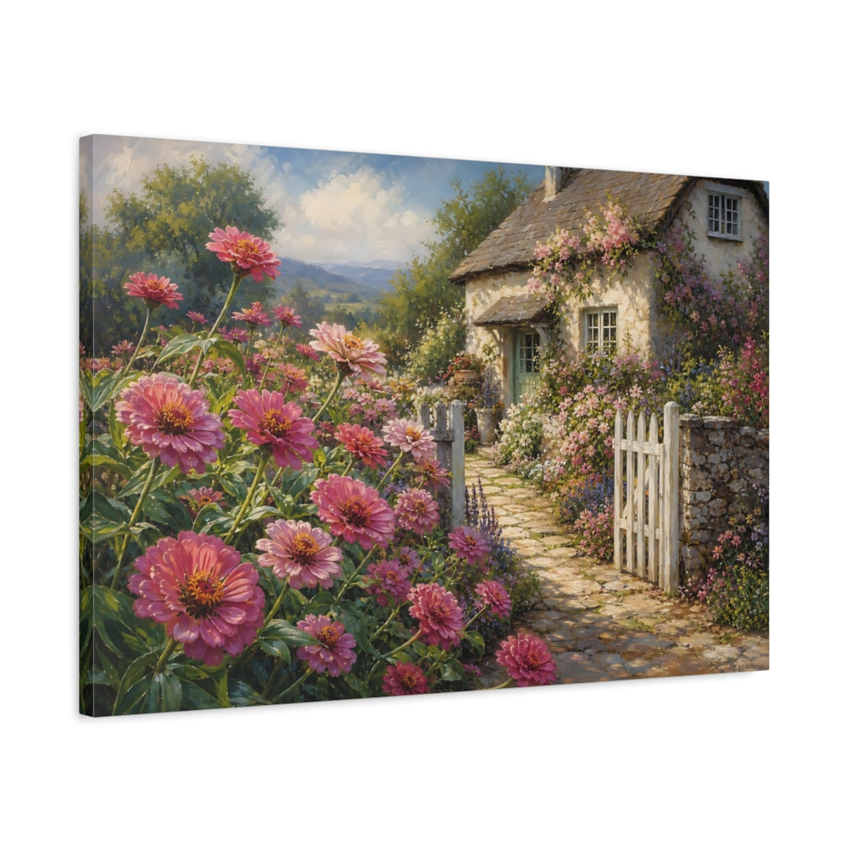 Side Mockup 2. Floral Pink Flowers Pink Cottage Garden shown as stretched canvas wall art