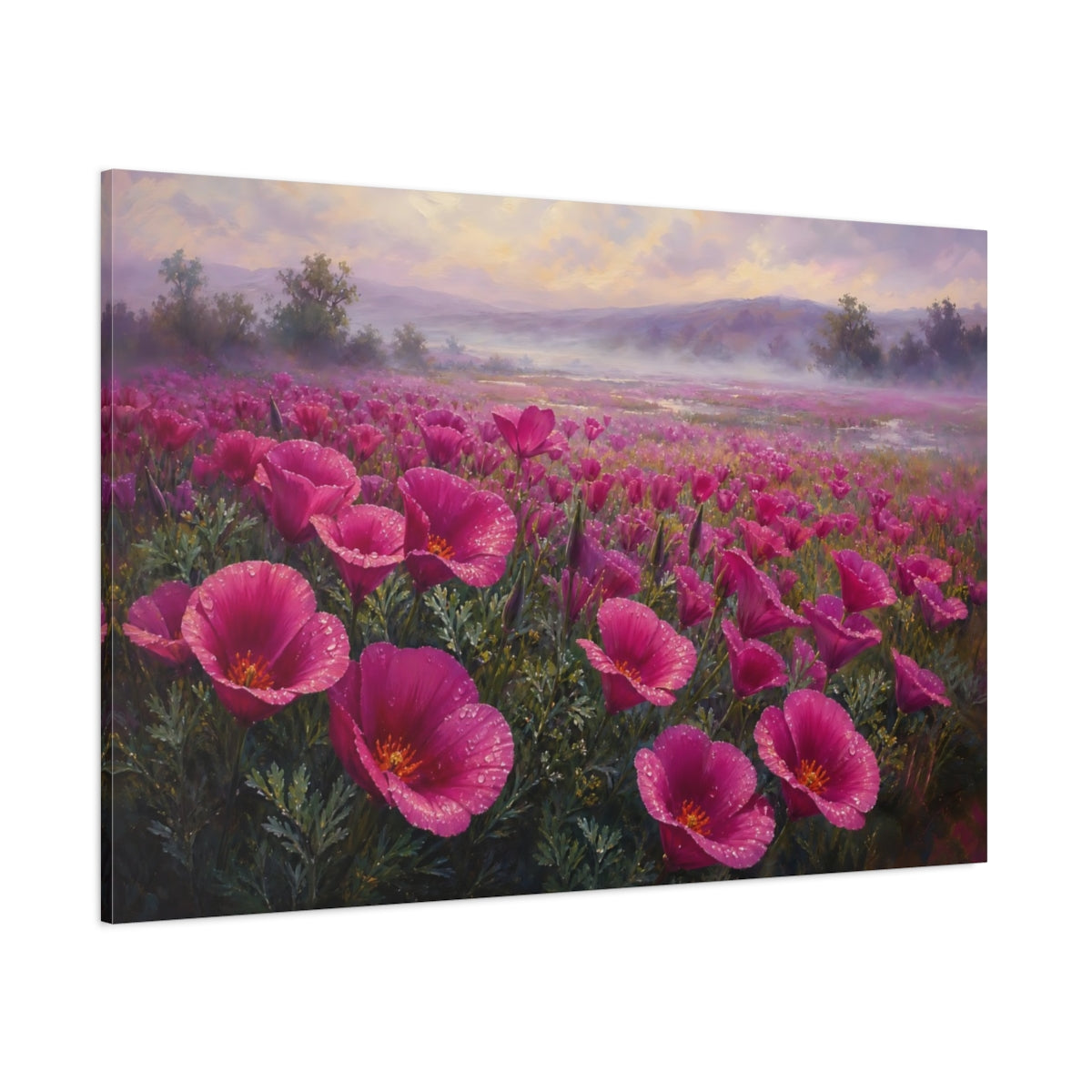 Side Mockup 1. Floral Pink Flowers Pink Flower Field shown as stretched canvas wall art