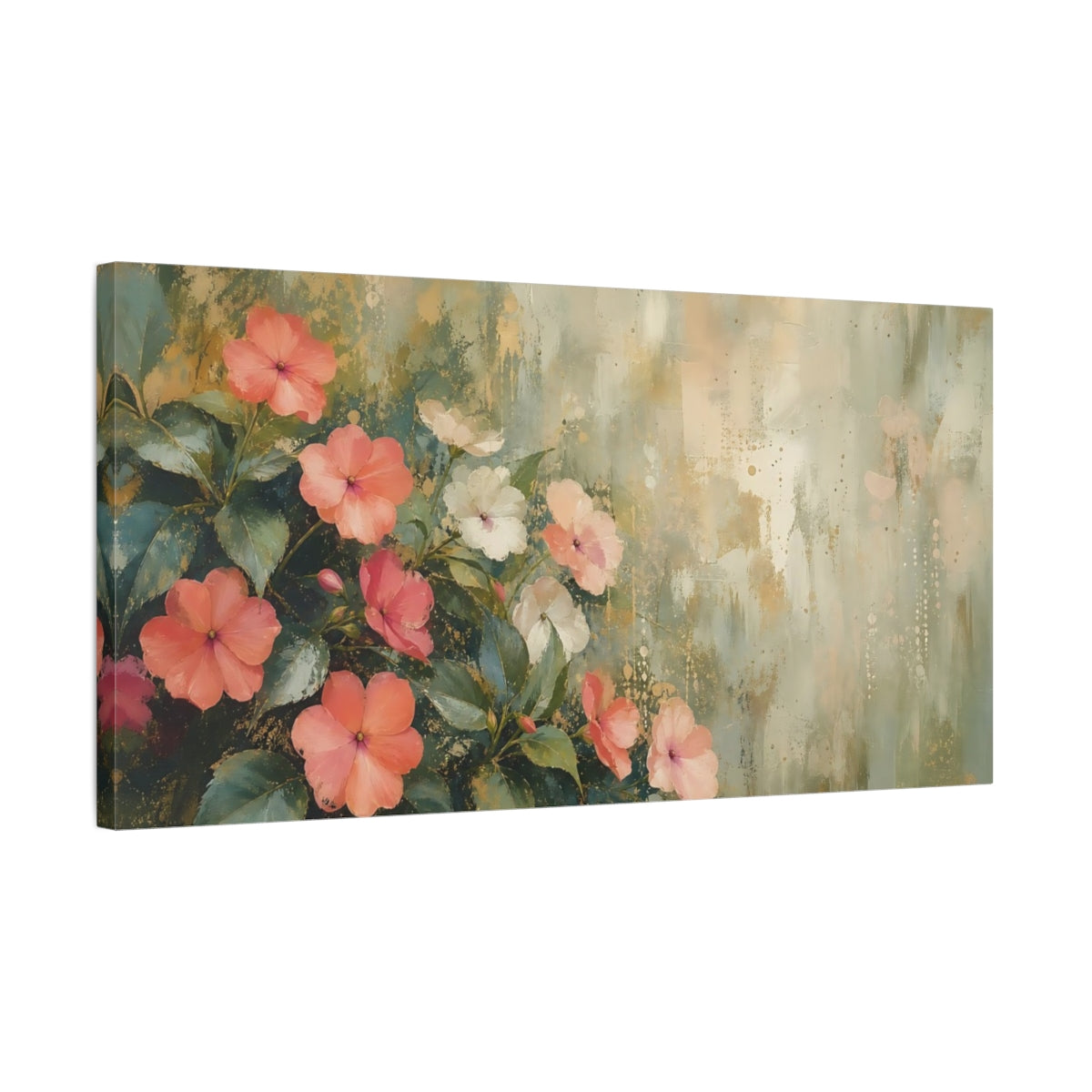 Side Mockup 1. Floral Pink Flowers Pink Gold Floral shown as stretched canvas wall art