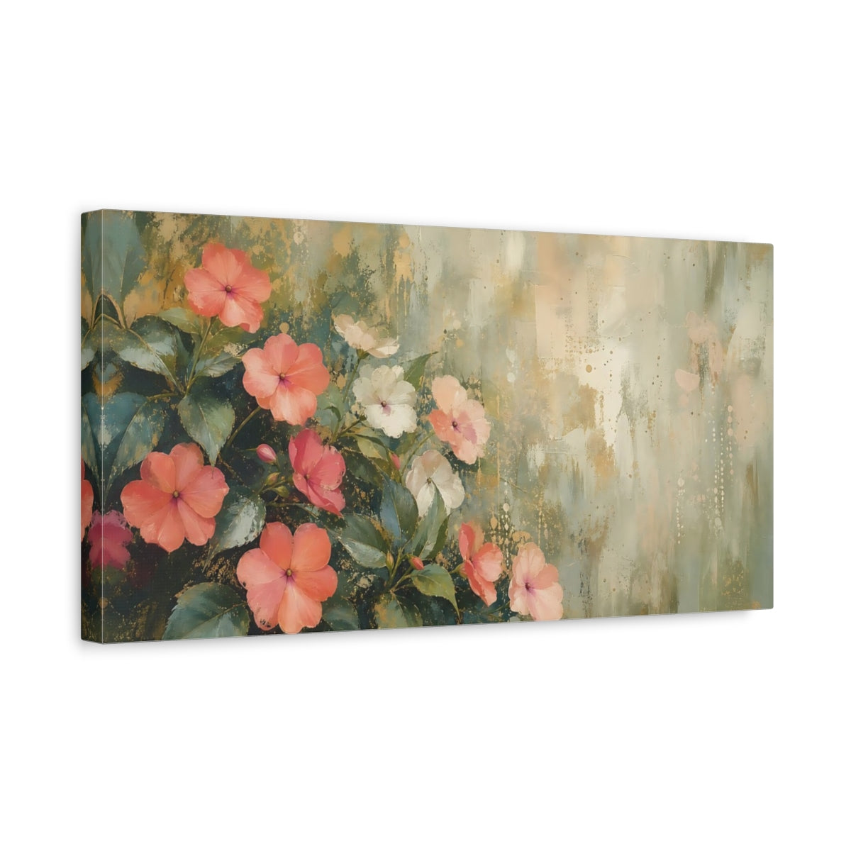 Side Mockup 3. Floral Pink Flowers Pink Gold Floral shown as stretched canvas wall art