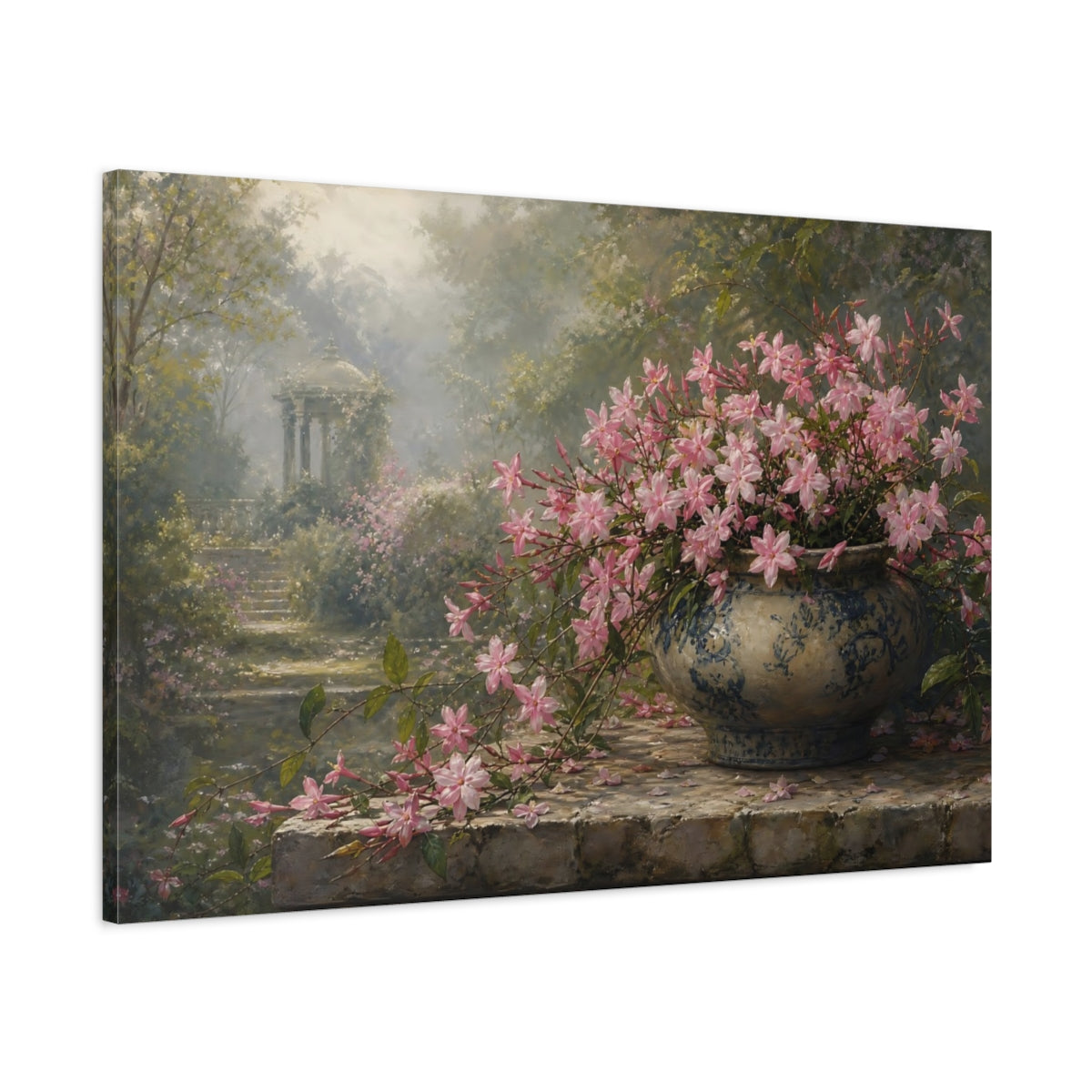 Main Mockup. Floral Pink Flowers Pink And Green Floral shown as stretched canvas wall art