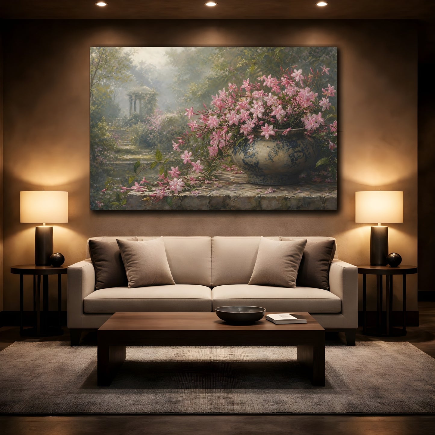 Mockup 2. Floral Pink Flowers Pink And Green Floral shown as stretched canvas wall art