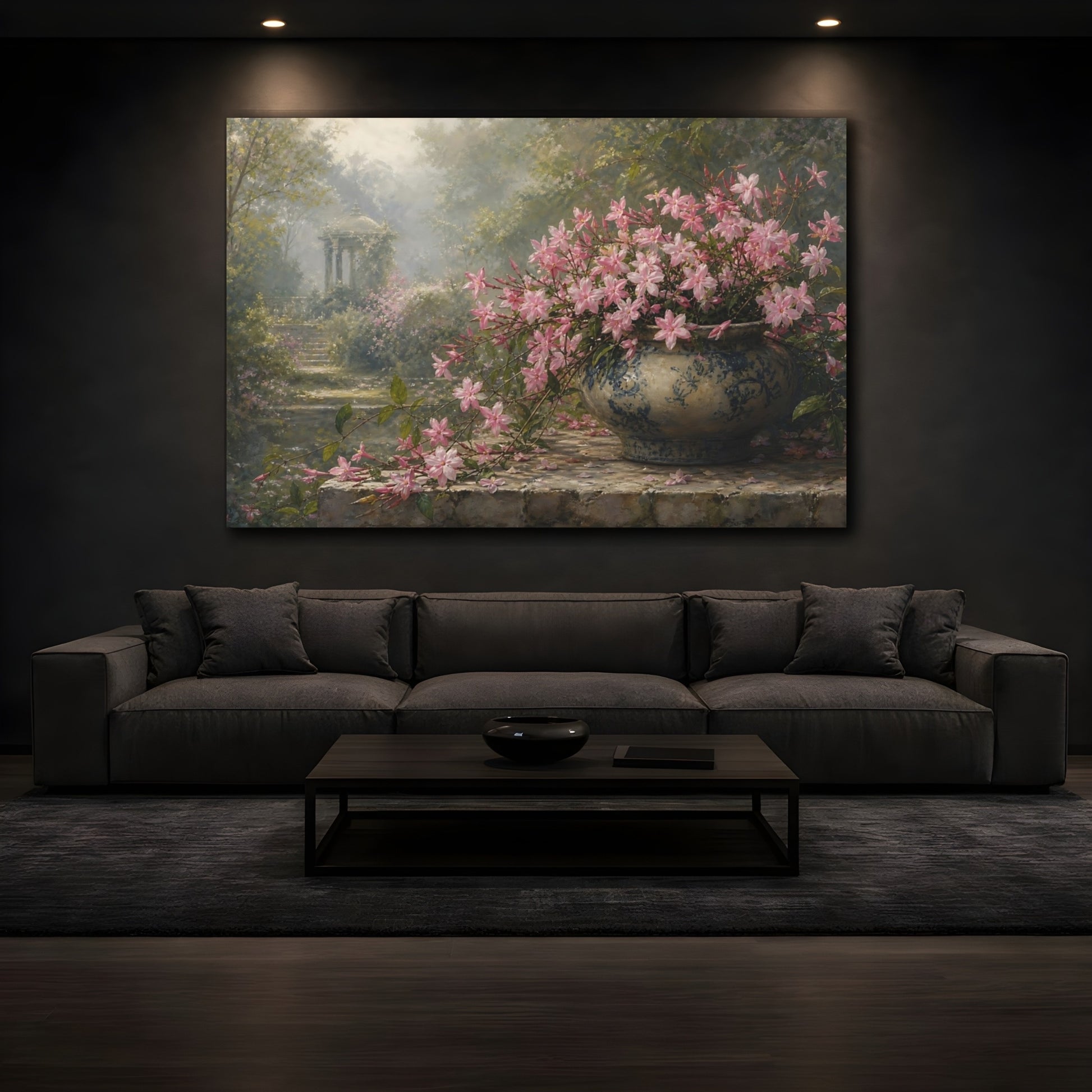 Mockup 3. Floral Pink Flowers Pink And Green Floral shown as stretched canvas wall art