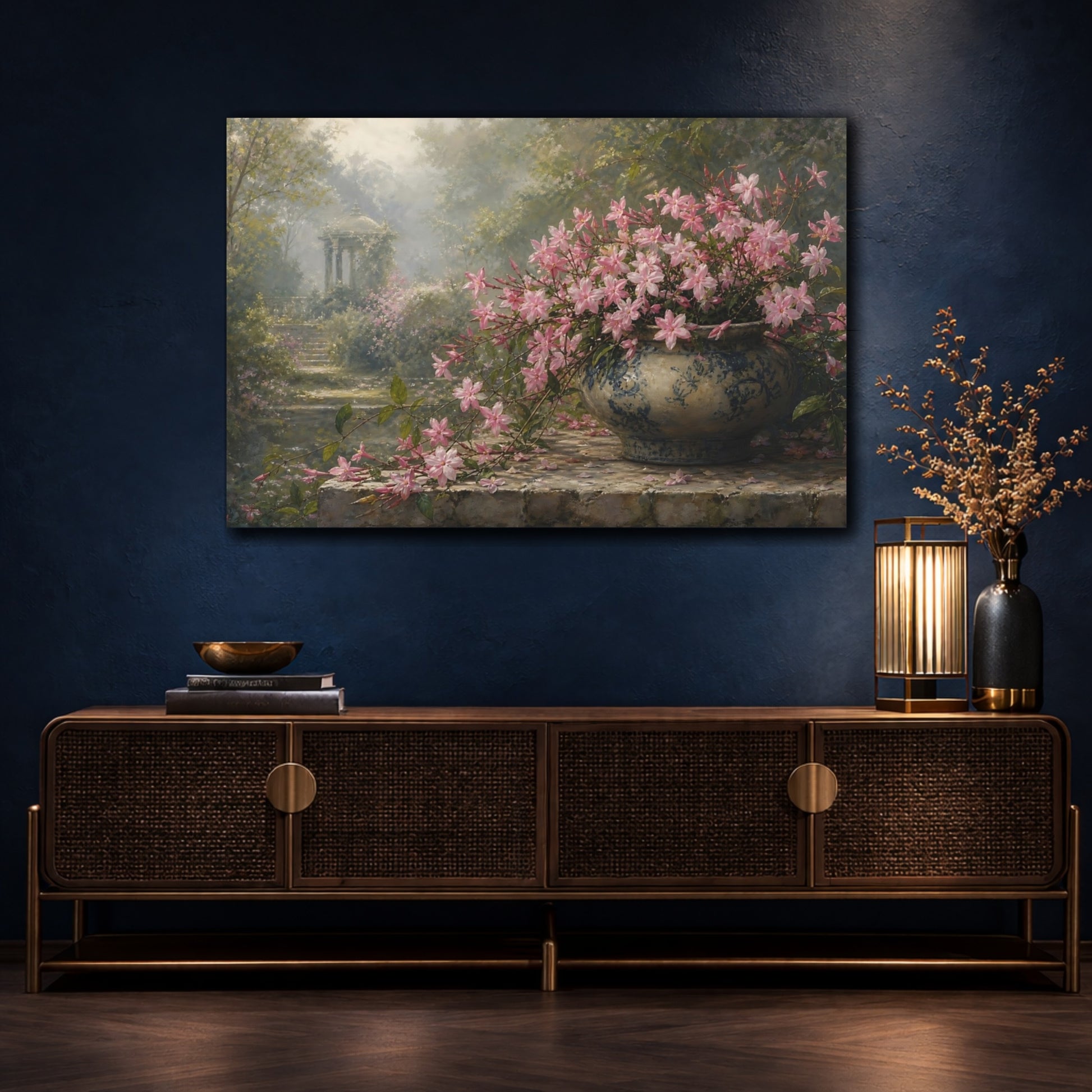 Mockup 4. Floral Pink Flowers Pink And Green Floral shown as stretched canvas wall art
