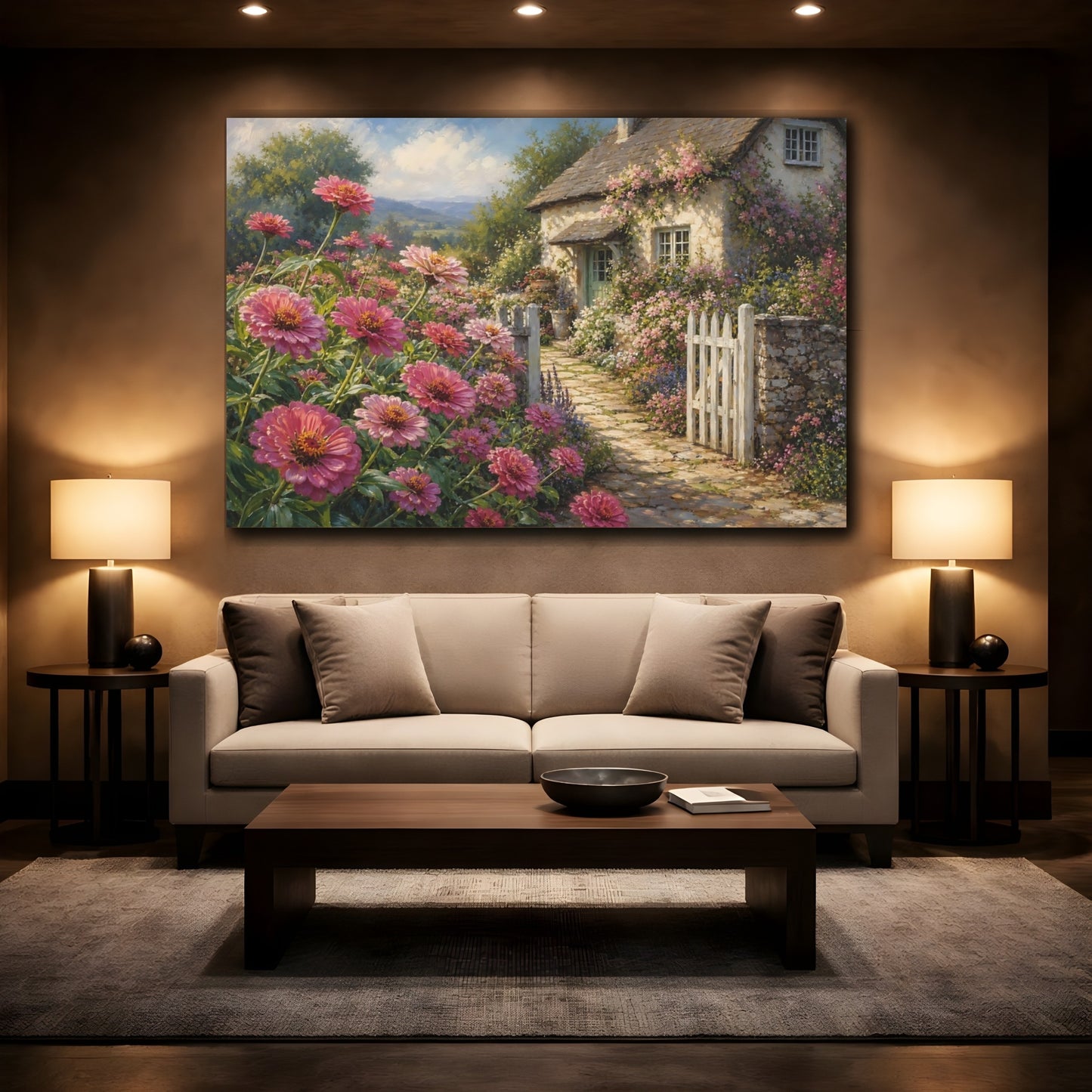 Mockup 2. Floral Pink Flowers Pink Cottage Garden shown as stretched canvas wall art