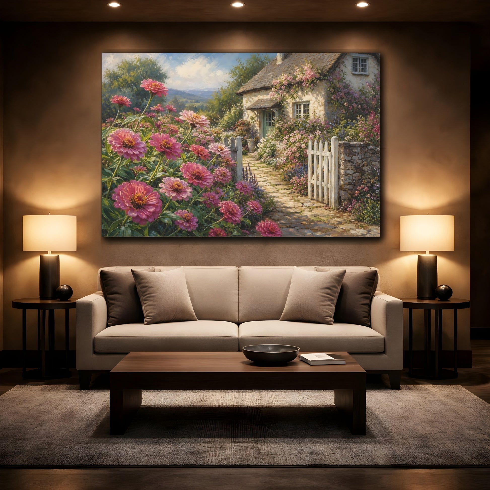 Mockup 2. Floral Pink Flowers Pink Cottage Garden shown as stretched canvas wall art