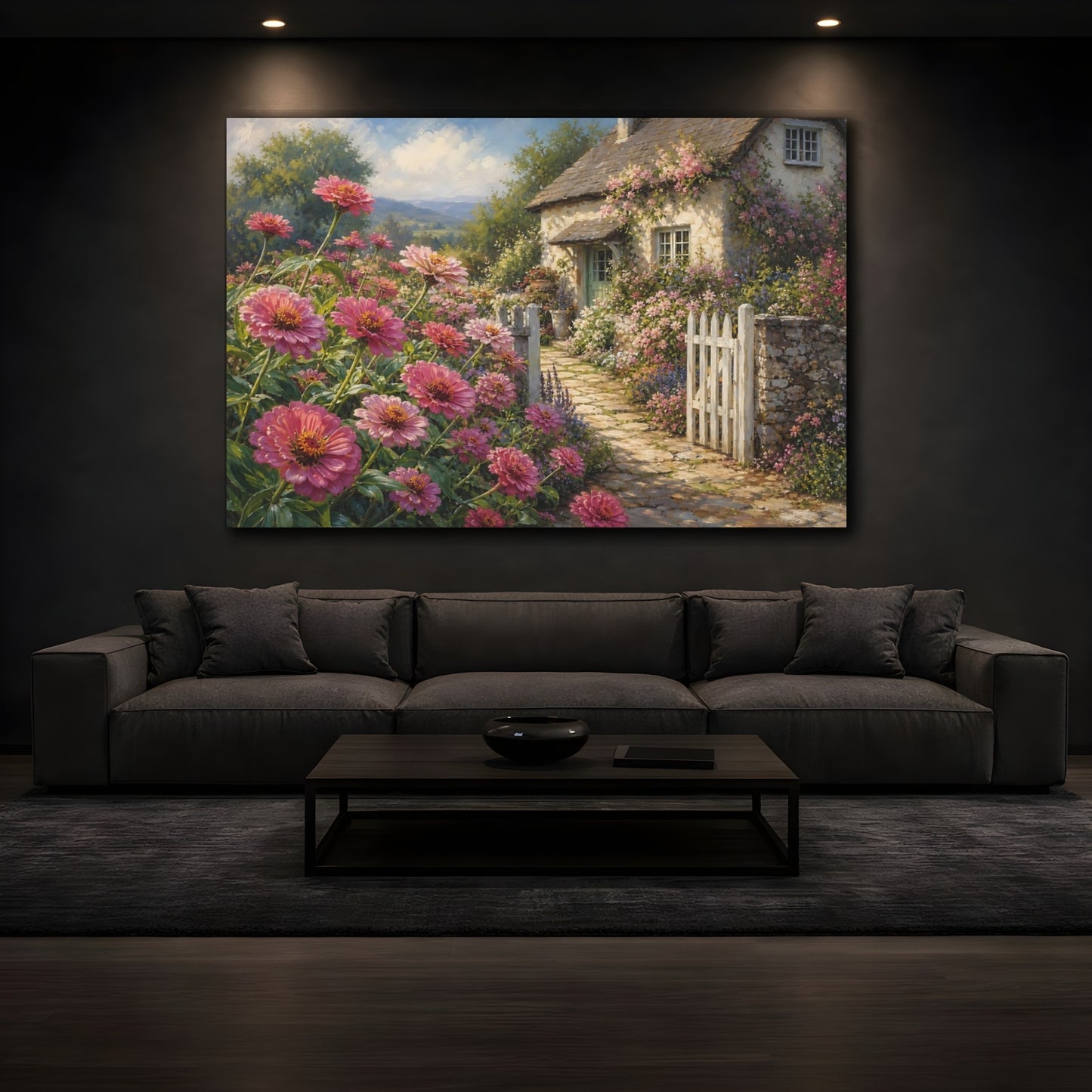 Mockup 3. Floral Pink Flowers Pink Cottage Garden shown as stretched canvas wall art