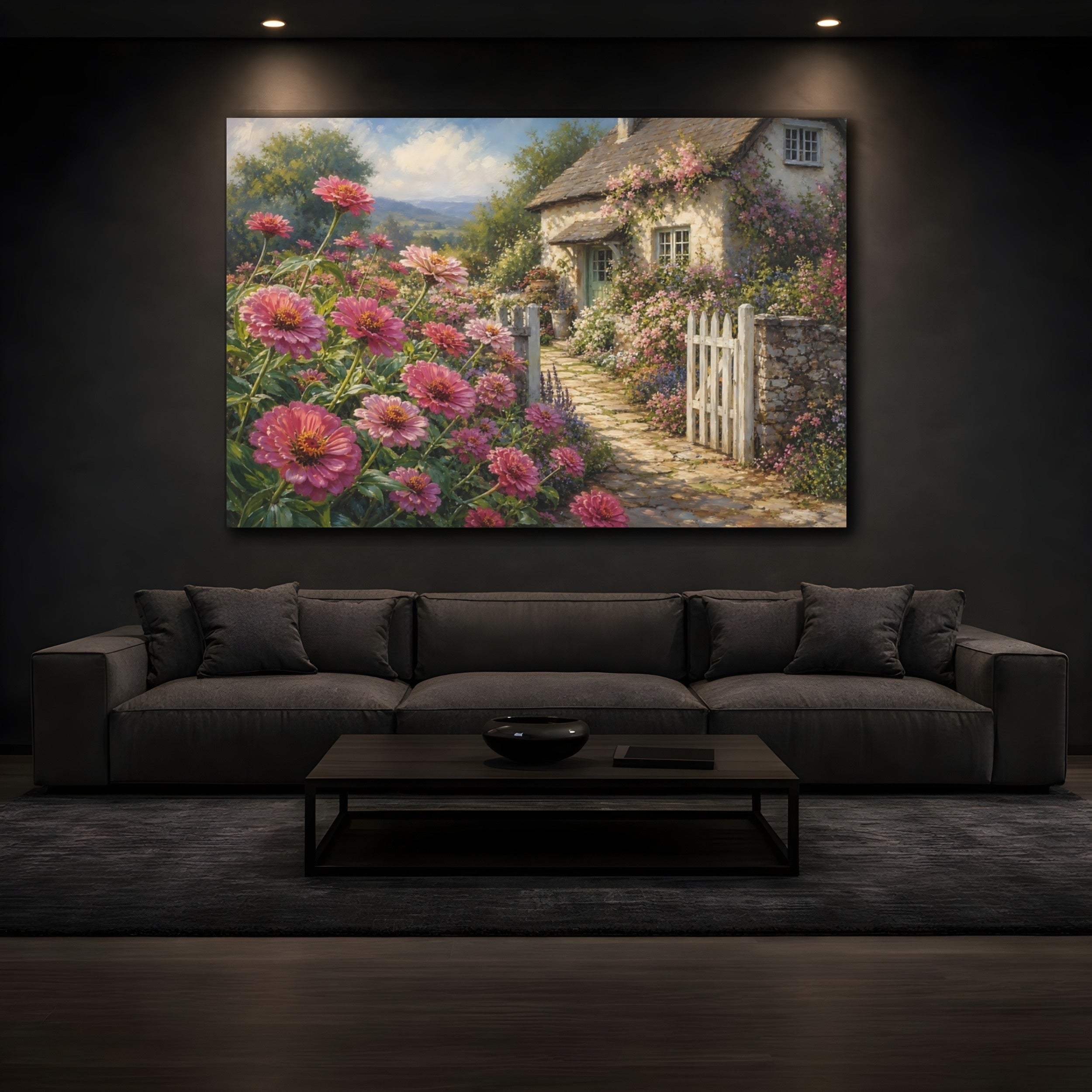 Mockup 3. Floral Pink Flowers Pink Cottage Garden shown as stretched canvas wall art